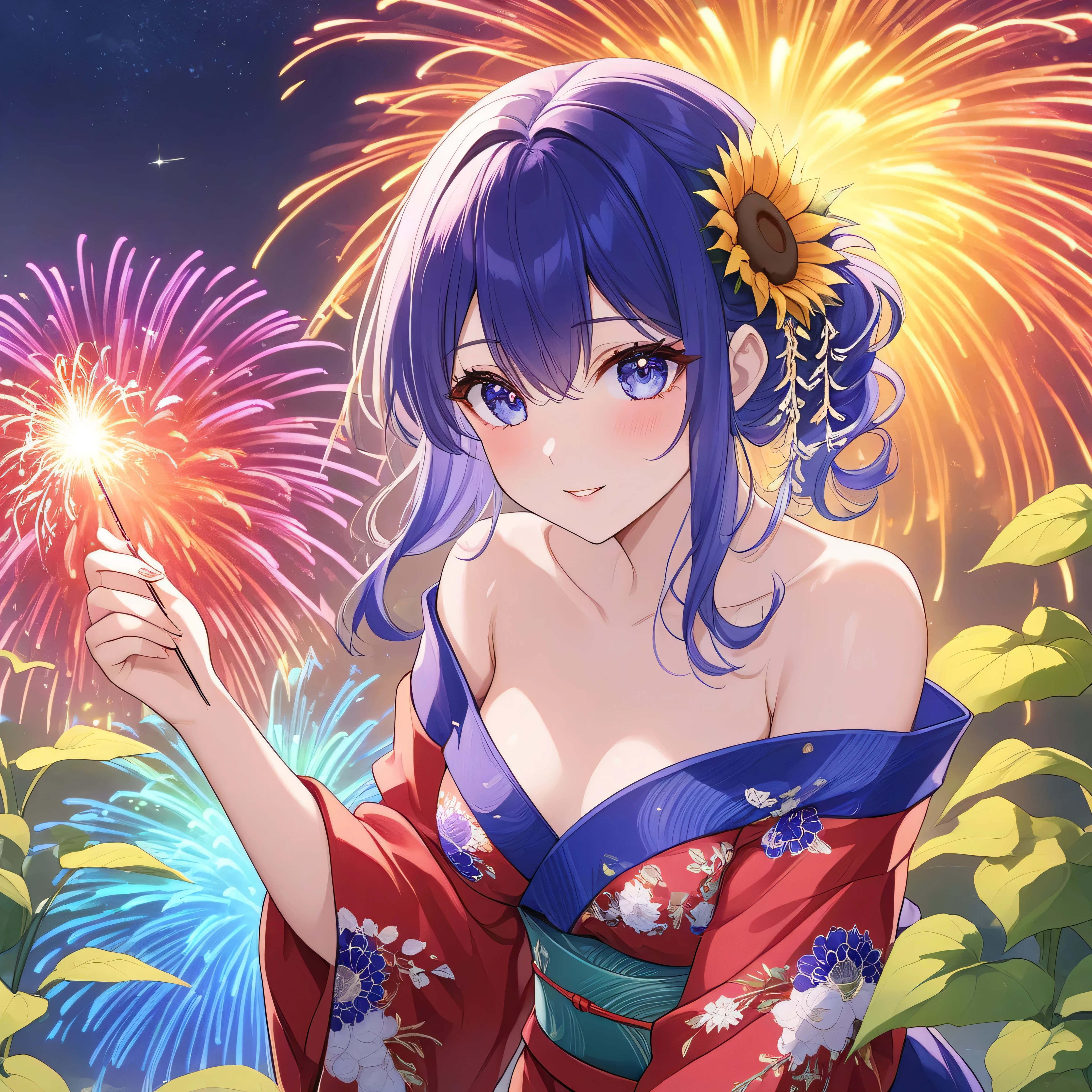 (eyeshadow)), ((Beautiful, detailed eyes)), ((Crystal-like eyes)), ((Long wavy hair that shines in the rainbow colors of red, blue, green, yellow, orange, indigo, and purple) , Hime cut, ((Translucent white skin)), lustrous skin, pure white skin, ((Very beautiful features, well-defined facial features)), ((Small breasts)), ((Anatomically accurate depiction)), ((Five fingers, even the fingertips are depicted)), ((Wearing a crimson silk off-the-shoulder yukata with delicate sunflower embroidery)), ((Wearing a beautiful indigo obi with intricate embroidery)), ((Leaning forward on the riverbank, holding a sparkler)), ((Many large fireworks in the night sky behind her)), ((Dynamic angle, face focus, looking side)), ((Rainbow-colored hair)), ((Sunset sinking into the horizon)),<lora:LCMTurboMix2fix:1>, ,748cmstyle,Extreme skin texture, hair details, clear pores, natural sweat hair, lip details, distinct upper and lower lips, skin contours, smooth arms, thigh and calf lines, sole texture, clothing texture, waist curve, golden ratio, facial texture, chest details, 8K