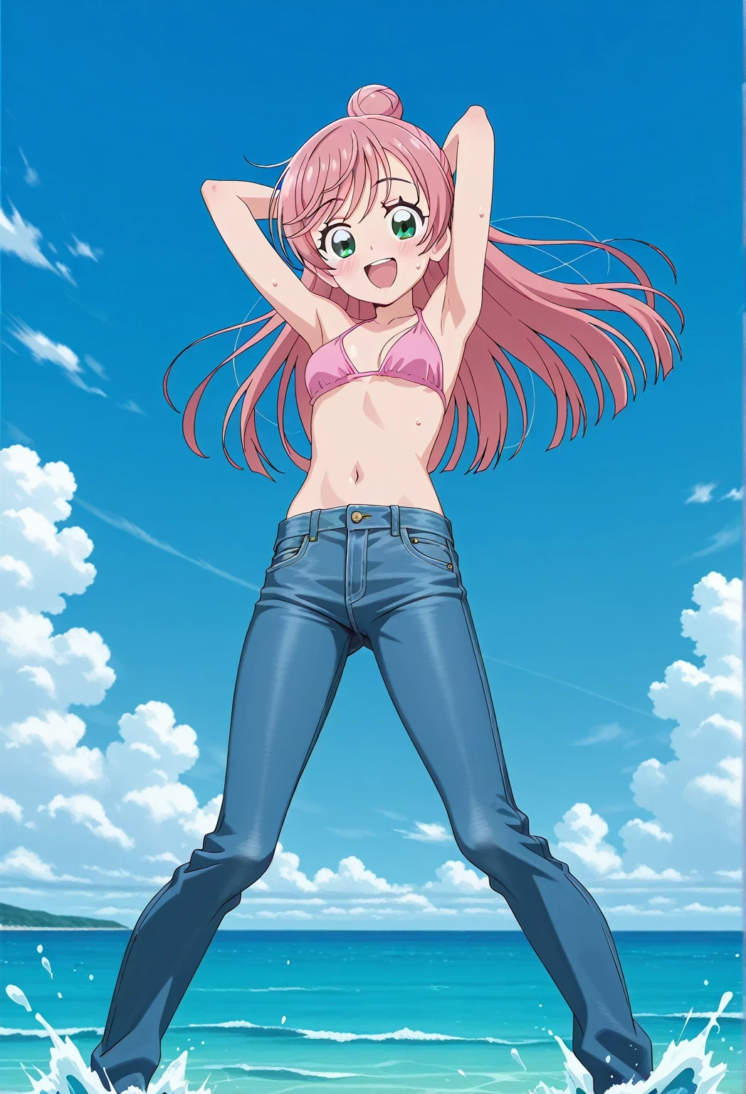score_9, score_8_up, score_7_up, source_anime, highres, hi res, ((best quality, top quality, perfect quality, Highest Quality, amazing quality)), {{masterpiece}}, {{an extremely delicate and beautiful}}, 2d, intricate details, official style, anime, 8k, anime style, official_anime, official art, digital painting, cell shading, soft shading, high resolution, soothing tones, Subdued Color, Soft cinematic light, adobe lightroom, photolab, HDR, intricately and hyper-detailed, ((high quality animation)), 1 girl, Alone, solo, ((ocean)), tsunami, on the water, day, sunny, outdoors, sky, windy, nijigaoka mashiro, Hirogaru Sky! Precure, green eyes, long hair, pink hair, hair bun, anime screencap, small breasts, pink bikini top, best quality, hyper-detailed jeans, ((blue jeans:1.9)), (dark blue jeans:0.6), full medium body, medium shot, Open mouth, smiling, happy face, blush, sweat, standing, ((arms behind head:6.0)), ((perfect arm line:2.5)), bowlegged, jumping pose, action, looking at viewer, spread legs, Bend knees slightly, straight-on front view