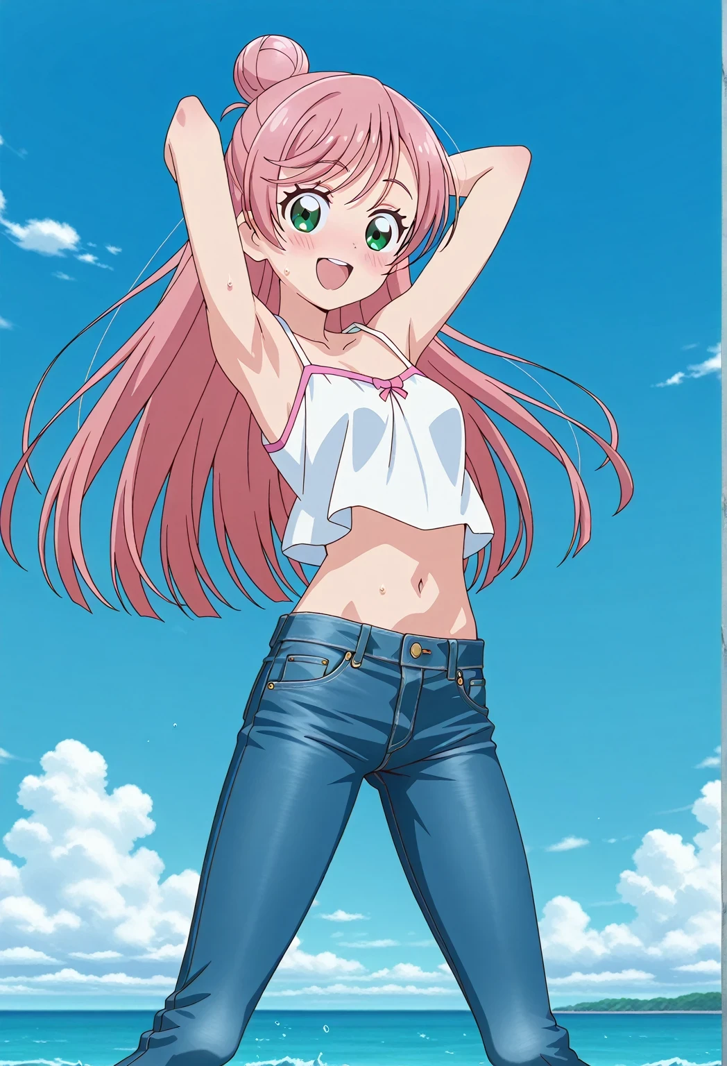 score_9, score_8_up, score_7_up, source_anime, highres, hi res, ((best quality, top quality, perfect quality, Highest Quality, amazing quality)), {{masterpiece}}, {{an extremely delicate and beautiful}}, 2d, intricate details, official style, anime, 8k, anime style, official_anime, official art, digital painting, cell shading, soft shading, high resolution, soothing tones, Subdued Color, Soft cinematic light, adobe lightroom, photolab, HDR, intricately and hyper-detailed, ((high quality animation)), 1 girl, Alone, solo, ((ocean)), tsunami, on the water, day, sunny, outdoors, sky, windy, nijigaoka mashiro, Hirogaru Sky! Precure, green eyes, long hair, pink hair, hair bun, anime screencap, small breasts, white camisole top, crop top, white crop top, best quality, hyper-detailed jeans, ((blue jeans:1.9)), (dark blue jeans:0.6), full medium body, medium shot, Open mouth, smiling, happy face, blush, sweat, standing, ((arms behind head:6.0)), ((perfect arm line:2.5)), bowlegged, jumping pose, action, looking at viewer, spread legs, Bend knees slightly, straight-on front view