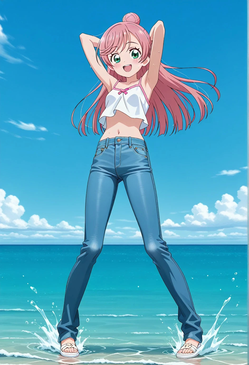 score_9, score_8_up, score_7_up, source_anime, highres, hi res, ((best quality, top quality, perfect quality, Highest Quality, amazing quality)), {{masterpiece}}, {{an extremely delicate and beautiful}}, 2d, intricate details, official style, anime, 8k, anime style, official_anime, official art, digital painting, cell shading, soft shading, high resolution, soothing tones, Subdued Color, Soft cinematic light, adobe lightroom, photolab, HDR, intricately and hyper-detailed, ((high quality animation)), 1 girl, Alone, solo, ((ocean)), tsunami, on the water, day, sunny, outdoors, sky, windy, nijigaoka mashiro, Hirogaru Sky! Precure, green eyes, long hair, pink hair, hair bun, anime screencap, small breasts, white camisole top, crop top, white crop top, best quality, hyper-detailed jeans, ((blue jeans:1.9)), (dark blue jeans:0.6), full medium body, medium shot, Open mouth, smiling, happy face, blush, sweat, standing, ((arms behind head:6.0)), ((perfect arm line:2.5)), bowlegged, jumping pose, action, looking at viewer, spread legs, Bend knees slightly, straight-on front view