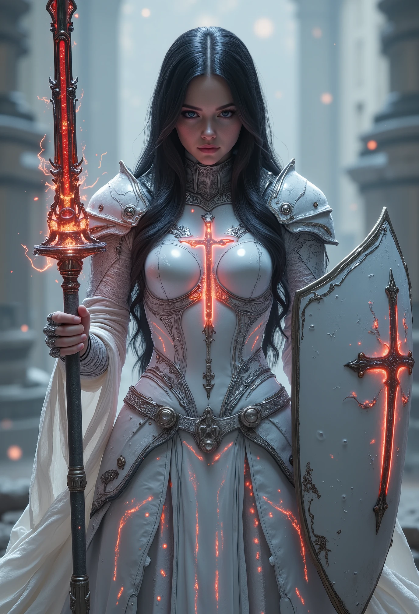 Super realistic style, god-level work, highest image quality. (((Full of mechanical feeling))), a medieval white crusader female knight, with long sleek black hair, a beautiful girl, (((a delicate and multi-layered heavy mechanical armor))), wearing white crusader armor outside, with a large red cross on the chest armor, holding a mechanical long conical heavy spear, the spear handle is made of machinery, the spear body is a long conical neon-lit energy, the mechanical energy shield is a cross-shaped machine in the middle, and the rest is a shield composed of energy. Riding on (((a strong warhorse))), the warhorse has simple armor, good body proportions, dynamics, and can sprint on the battlefield. Classic tones. Ragnarok