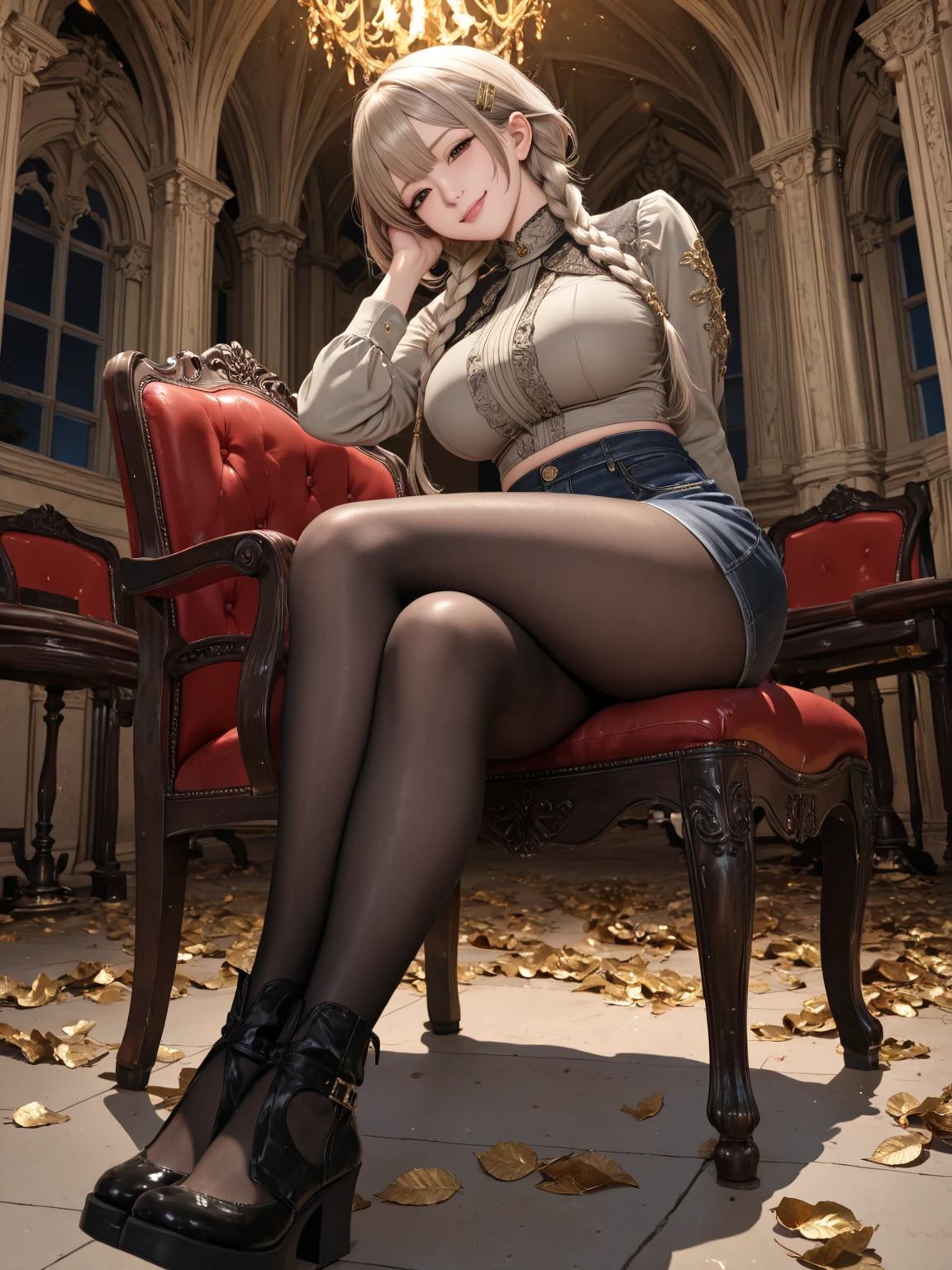 (Golden ratio:1.2),[(Black background:1.4)::10],(细腻细致), (Intricate details), (Cinematic light, 最优质的背光), 清晰的线条, From below, solo female，perfect bodies，(1girll),full bodyesbian,Mature woman,(/Fat and plump body:1.3)/,(ol professional wear:1.3)+(Black lace suspenders:1.2)+(black high heels(shiny high heels):1.3),(Large breasts:1.2)+(long breasts:1.2),wooden floor,(Sit in an office computer chair),indoor,(In the office:1.3),(There are a few muscles:1.2),(There are frescoes on the walls:1.2)+(Blackwood desk(On the table was a computer and a vase with a lily of the valley in it):1.3)+[(Inception:1.2)],hyper HD, retinas, Anatomically correct, Textured skin, Super detail, Best quality, A high resolution