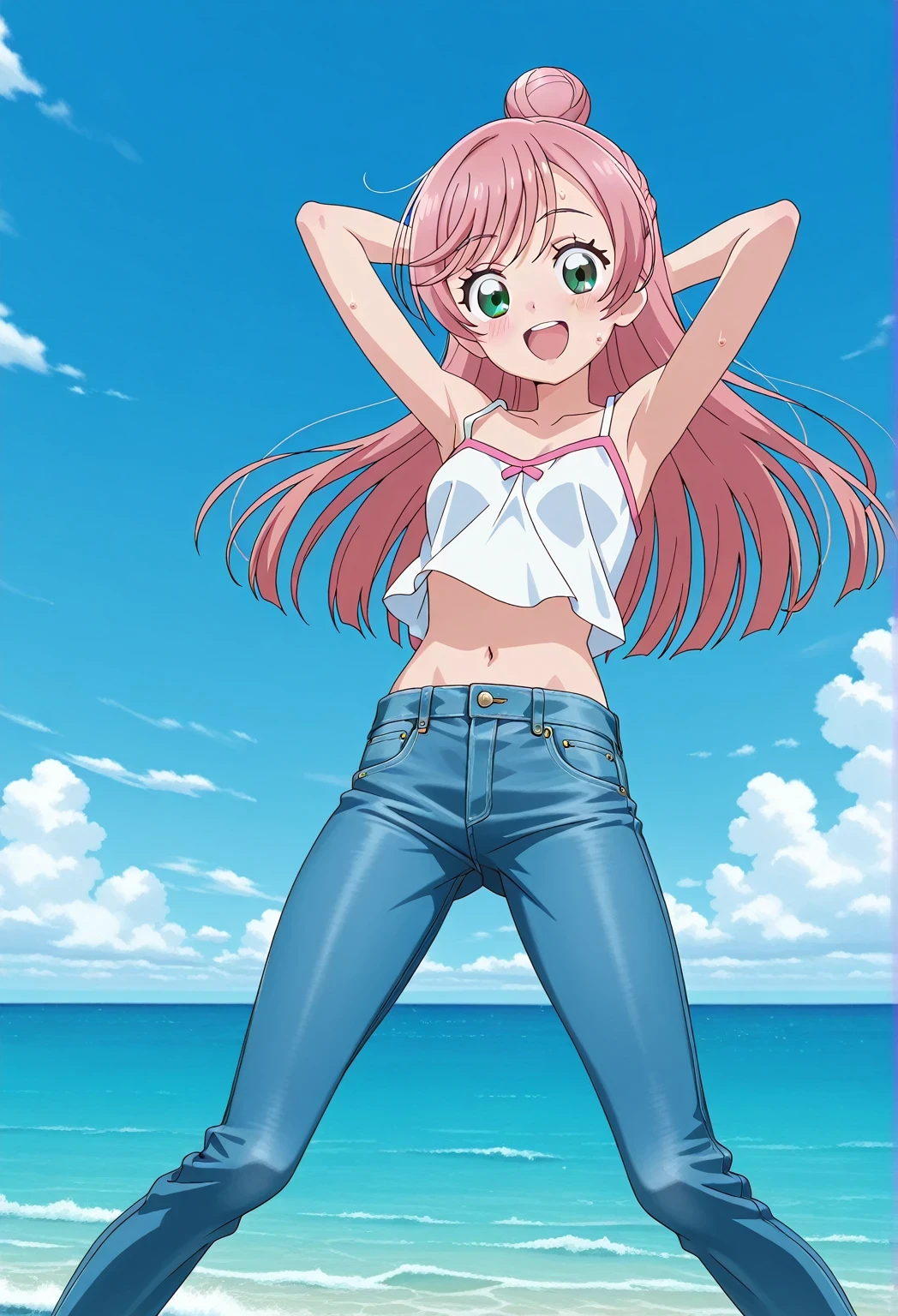 score_9, score_8_up, score_7_up, source_anime, highres, hi res, ((best quality, top quality, perfect quality, Highest Quality, amazing quality)), {{masterpiece}}, {{an extremely delicate and beautiful}}, 2d, intricate details, official style, anime, 8k, anime style, official_anime, official art, digital painting, cell shading, soft shading, high resolution, soothing tones, Subdued Color, Soft cinematic light, adobe lightroom, photolab, HDR, intricately and hyper-detailed, ((high quality animation)), 1 girl, Alone, solo, ((ocean)), tsunami, on the water, day, sunny, outdoors, sky, windy, nijigaoka mashiro, Hirogaru Sky! Precure, green eyes, long hair, pink hair, hair bun, anime screencap, small breasts, white camisole top, crop top, white crop top, best quality, hyper-detailed jeans, ((blue jeans:1.9)), (dark blue jeans:0.6), full medium body, medium shot, Open mouth, smiling, happy face, blush, sweat, standing, ((arms behind head:6.0)), ((perfect arm line:2.5)), bowlegged, jumping pose, action, looking at viewer, spread legs, Bend knees slightly, straight-on front view
