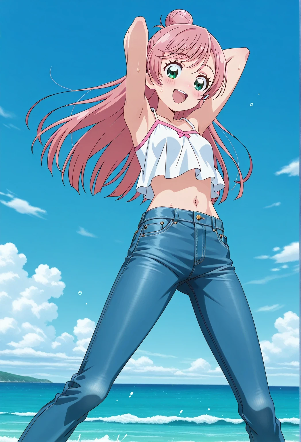 score_9, score_8_up, score_7_up, source_anime, highres, hi res, ((best quality, top quality, perfect quality, Highest Quality, amazing quality)), {{masterpiece}}, {{an extremely delicate and beautiful}}, 2d, intricate details, official style, anime, 8k, anime style, official_anime, official art, digital painting, cell shading, soft shading, high resolution, soothing tones, Subdued Color, Soft cinematic light, adobe lightroom, photolab, HDR, intricately and hyper-detailed, ((high quality animation)), 1 girl, Alone, solo, ((ocean)), tsunami, on the water, day, sunny, outdoors, sky, windy, nijigaoka mashiro, Hirogaru Sky! Precure, green eyes, long hair, pink hair, hair bun, anime screencap, small breasts, white camisole top, crop top, white crop top, best quality, hyper-detailed jeans, ((blue jeans:1.9)), (dark blue jeans:0.6), full medium body, medium shot, Open mouth, smiling, happy face, blush, sweat, standing, ((arms behind head:6.0)), ((perfect arm line:2.5)), bowlegged, jumping pose, action, looking at viewer, spread legs, Bend knees slightly, straight-on front view