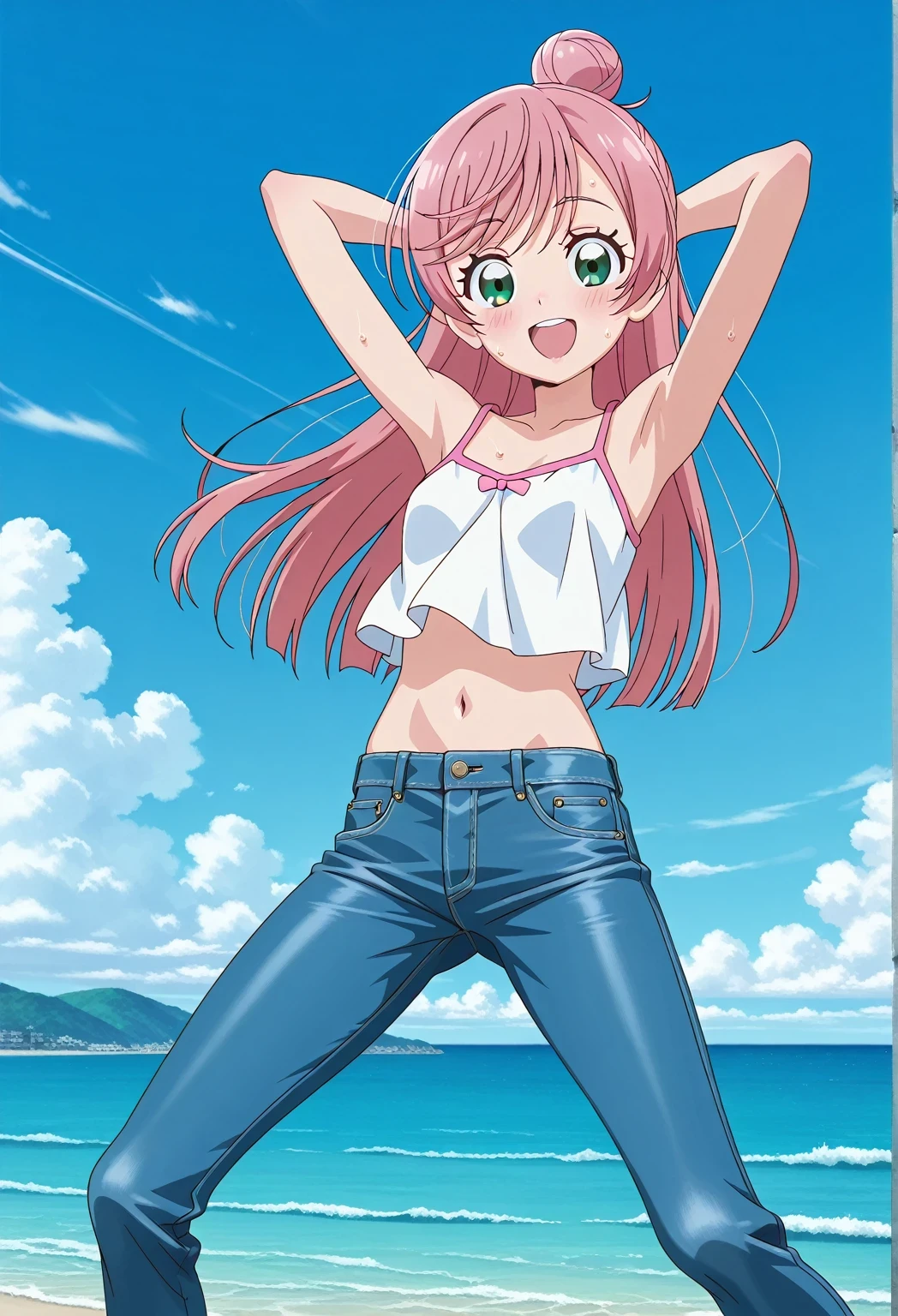 score_9, score_8_up, score_7_up, source_anime, highres, hi res, ((best quality, top quality, perfect quality, Highest Quality, amazing quality)), {{masterpiece}}, {{an extremely delicate and beautiful}}, 2d, intricate details, official style, anime, 8k, anime style, official_anime, official art, digital painting, cell shading, soft shading, high resolution, soothing tones, Subdued Color, Soft cinematic light, adobe lightroom, photolab, HDR, intricately and hyper-detailed, ((high quality animation)), 1 girl, Alone, solo, ((ocean)), tsunami, on the water, day, sunny, outdoors, sky, windy, nijigaoka mashiro, Hirogaru Sky! Precure, green eyes, long hair, pink hair, hair bun, anime screencap, small breasts, white camisole top, crop top, white crop top, best quality, hyper-detailed jeans, ((blue jeans:1.9)), (dark blue jeans:0.6), full medium body, medium shot, Open mouth, smiling, happy face, blush, sweat, standing, ((arms behind head:6.0)), ((perfect arm line:2.5)), bowlegged, jumping pose, action, looking at viewer, spread legs, Bend knees slightly, straight-on front view