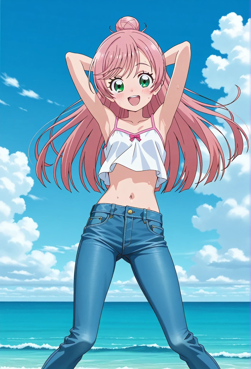 score_9, score_8_up, score_7_up, source_anime, highres, hi res, ((best quality, top quality, perfect quality, Highest Quality, amazing quality)), {{masterpiece}}, {{an extremely delicate and beautiful}}, 2d, intricate details, official style, anime, 8k, anime style, official_anime, official art, digital painting, cell shading, soft shading, high resolution, soothing tones, Subdued Color, Soft cinematic light, adobe lightroom, photolab, HDR, intricately and hyper-detailed, ((high quality animation)), 1 girl, Alone, solo, ((ocean)), tsunami, on the water, day, sunny, outdoors, sky, windy, nijigaoka mashiro, Hirogaru Sky! Precure, green eyes, long hair, pink hair, hair bun, anime screencap, small breasts, white camisole top, crop top, white crop top, best quality, hyper-detailed jeans, ((blue jeans:1.9)), (dark blue jeans:0.6), full medium body, medium shot, Open mouth, smiling, happy face, blush, sweat, standing, ((arms behind head:6.0)), ((perfect arm line:2.5)), bowlegged, jumping pose, action, looking at viewer, spread legs, Bend knees slightly, straight-on front view