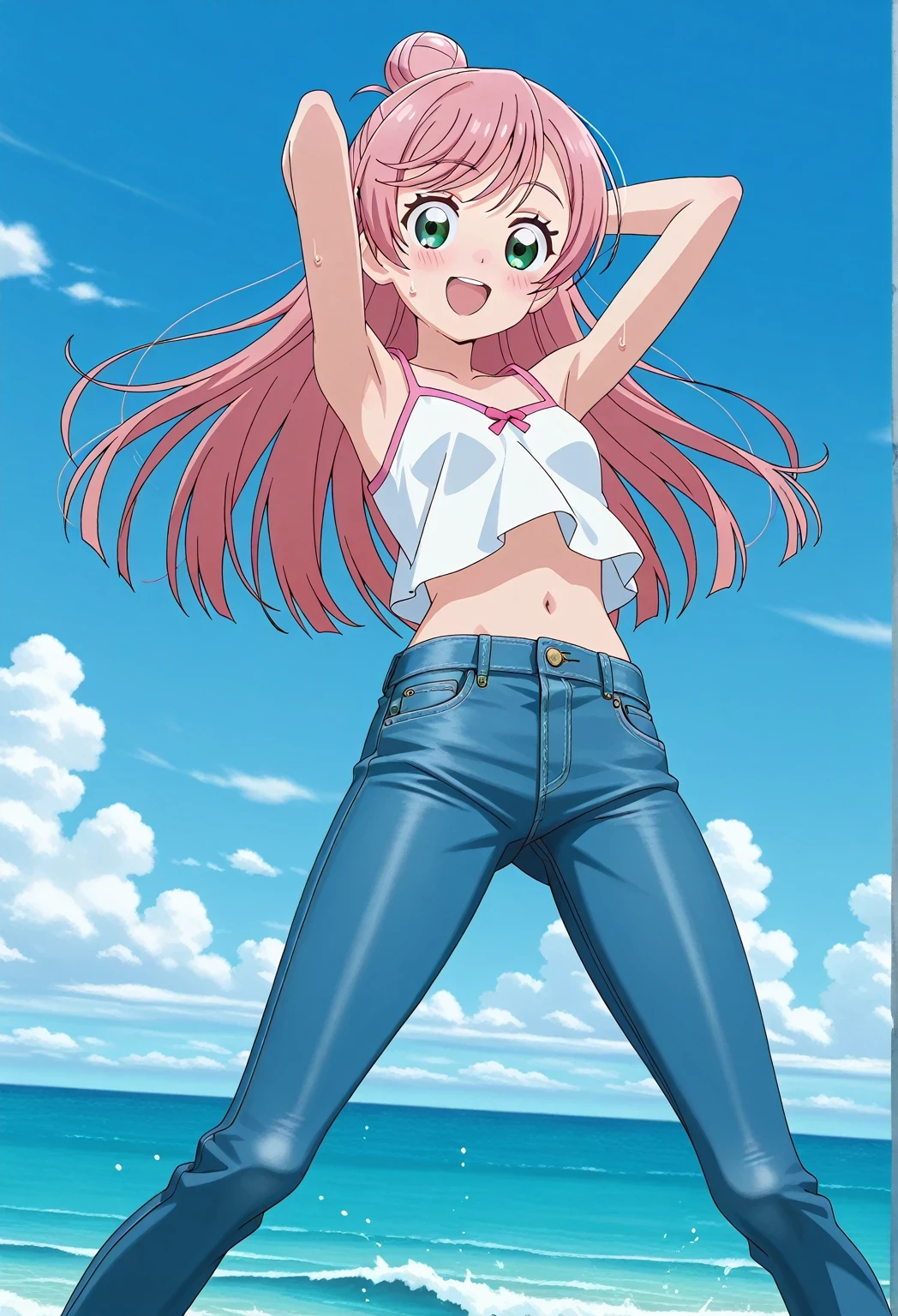 score_9, score_8_up, score_7_up, source_anime, highres, hi res, ((best quality, top quality, perfect quality, Highest Quality, amazing quality)), {{masterpiece}}, {{an extremely delicate and beautiful}}, 2d, intricate details, official style, anime, 8k, anime style, official_anime, official art, digital painting, cell shading, soft shading, high resolution, soothing tones, Subdued Color, Soft cinematic light, adobe lightroom, photolab, HDR, intricately and hyper-detailed, ((high quality animation)), 1 girl, Alone, solo, ((ocean)), tsunami, on the water, day, sunny, outdoors, sky, windy, nijigaoka mashiro, Hirogaru Sky! Precure, green eyes, long hair, pink hair, hair bun, anime screencap, small breasts, white camisole top, crop top, white crop top, best quality, hyper-detailed jeans, ((blue jeans:1.9)), (dark blue jeans:0.6), full medium body, medium shot, Open mouth, smiling, happy face, blush, sweat, standing, ((arms behind head:6.0)), ((perfect arm line:2.5)), bowlegged, jumping pose, action, looking at viewer, spread legs, Bend knees slightly, straight-on front view