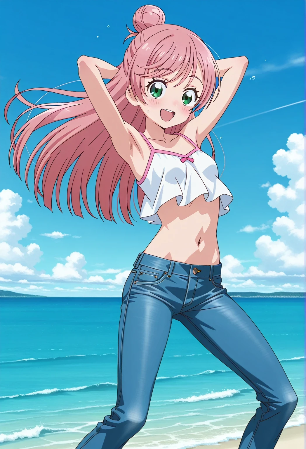 score_9, score_8_up, score_7_up, source_anime, highres, hi res, ((best quality, top quality, perfect quality, Highest Quality, amazing quality)), {{masterpiece}}, {{an extremely delicate and beautiful}}, 2d, intricate details, official style, anime, 8k, anime style, official_anime, official art, digital painting, cell shading, soft shading, high resolution, soothing tones, Subdued Color, Soft cinematic light, adobe lightroom, photolab, HDR, intricately and hyper-detailed, ((high quality animation)), 1 girl, Alone, solo, ((ocean)), tsunami, on the water, day, sunny, outdoors, sky, windy, nijigaoka mashiro, Hirogaru Sky! Precure, green eyes, long hair, pink hair, hair bun, anime screencap, small breasts, white camisole top, crop top, white crop top, best quality, hyper-detailed jeans, ((blue jeans:1.9)), (dark blue jeans:0.6), full medium body, medium shot, Open mouth, smiling, happy face, blush, sweat, standing, ((arms behind head:6.0)), ((perfect arm line:2.5)), bowlegged, jumping pose, action, looking at viewer, spread legs, Bend knees slightly, straight-on front view