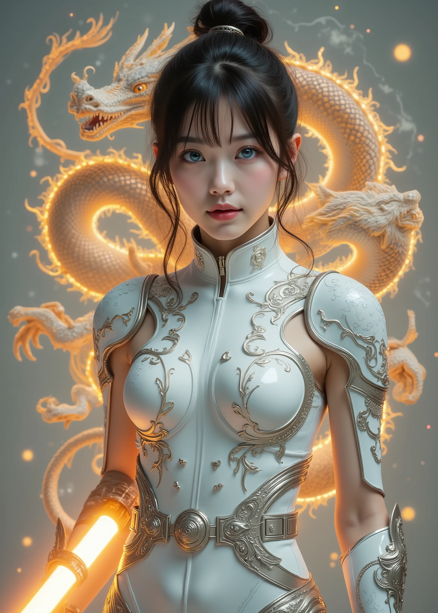 Ultra HD, high resolution, high resolution, 24K Video Quality. woman、beautiful, Aqua Blue Eyes, Full Body Portrait of a Cute 16 Year Old Japanese Girl. She holds an orange glowing light saber、She wears a pearl white latex suit that sticks to her body, and her latex suit is adorned with vibrant dragons and other mythical elements, Toned Legs、accentuated by a decorative belt around her waist。Illustration of a finely stylized dragon in the background.Hi-Tech Female Combat Suit、((Agility Specialized Frame)), Futuristic Armor Design、Hi-Tech Android
