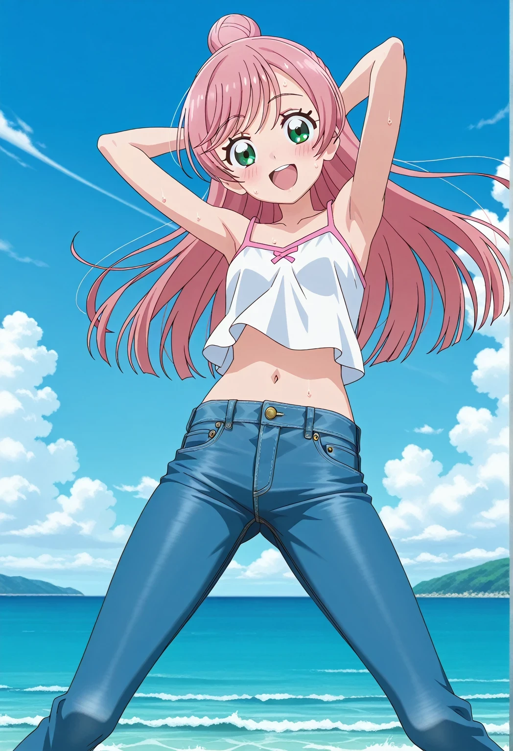 score_9, score_8_up, score_7_up, source_anime, highres, hi res, ((best quality, top quality, perfect quality, Highest Quality, amazing quality)), {{masterpiece}}, {{an extremely delicate and beautiful}}, 2d, intricate details, official style, anime, 8k, anime style, official_anime, official art, digital painting, cell shading, soft shading, high resolution, soothing tones, Subdued Color, Soft cinematic light, adobe lightroom, photolab, HDR, intricately and hyper-detailed, ((high quality animation)), 1 girl, Alone, solo, ((ocean)), tsunami, on the water, day, sunny, outdoors, sky, windy, nijigaoka mashiro, Hirogaru Sky! Precure, green eyes, long hair, pink hair, hair bun, anime screencap, small breasts, white camisole top, crop top, white crop top, best quality, hyper-detailed jeans, ((blue jeans:1.9)), (dark blue jeans:0.6), full medium body, medium shot, Open mouth, smiling, happy face, blush, sweat, standing, ((arms behind head:6.0)), ((perfect arm line:2.5)), bowlegged, jumping pose, action, looking at viewer, spread legs, Bend knees slightly, straight-on front view