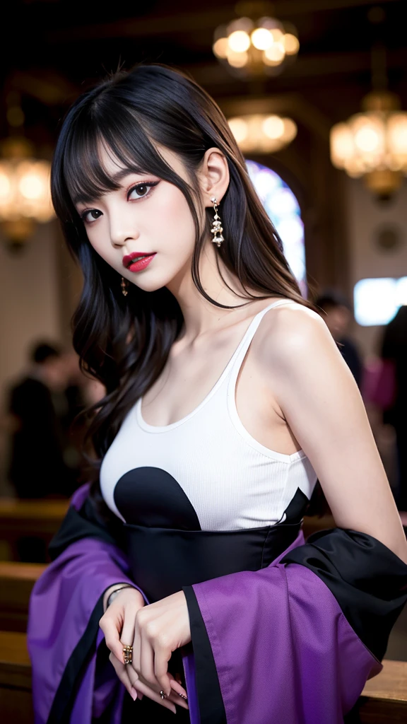 (((best quality))),(((ultra detailed))),(((masterpiece))),illustration,1girl,bun hair,(strapless gauze Korean :1.3),collar,slim,flat ,laughing, summer night,Korean city scape, street, neon signs, beautiful, vibrant, detailed facial features,medium hair, elegance, cultural atmosphere, bustling city,tall buildings full of colorful advertisements, reflections, lively atmosphere, street food aroma,(close-up of face:1.3)