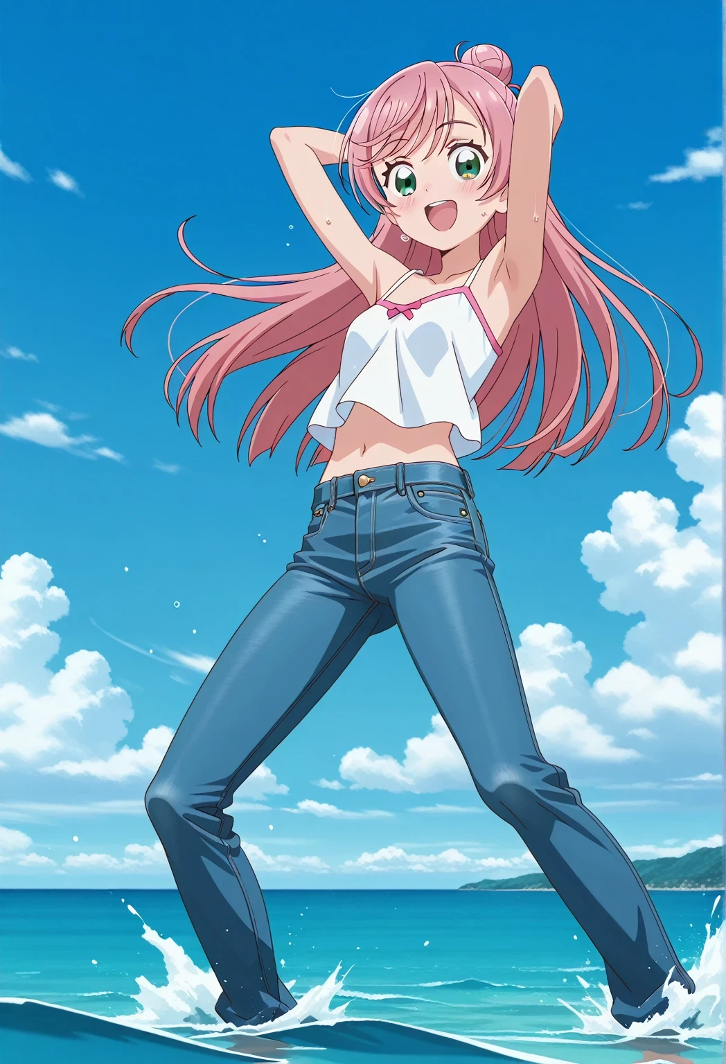 score_9, score_8_up, score_7_up, source_anime, highres, hi res, ((best quality, top quality, perfect quality, Highest Quality, amazing quality)), {{masterpiece}}, {{an extremely delicate and beautiful}}, 2d, intricate details, official style, anime, 8k, anime style, official_anime, official art, digital painting, cell shading, soft shading, high resolution, soothing tones, Subdued Color, Soft cinematic light, adobe lightroom, photolab, HDR, intricately and hyper-detailed, ((high quality animation)), 1 girl, Alone, solo, ((ocean)), tsunami, on the water, day, sunny, outdoors, sky, windy, nijigaoka mashiro, Hirogaru Sky! Precure, green eyes, long hair, pink hair, hair bun, anime screencap, small breasts, white camisole top, crop top, white crop top, best quality, hyper-detailed jeans, ((blue jeans:1.9)), (dark blue jeans:0.6), full medium body, medium shot, Open mouth, smiling, happy face, blush, sweat, standing, ((arms behind head:6.0)), ((perfect arm line:2.5)), bowlegged, jumping pose, action, looking at viewer, spread legs, Bend knees slightly, straight-on front view