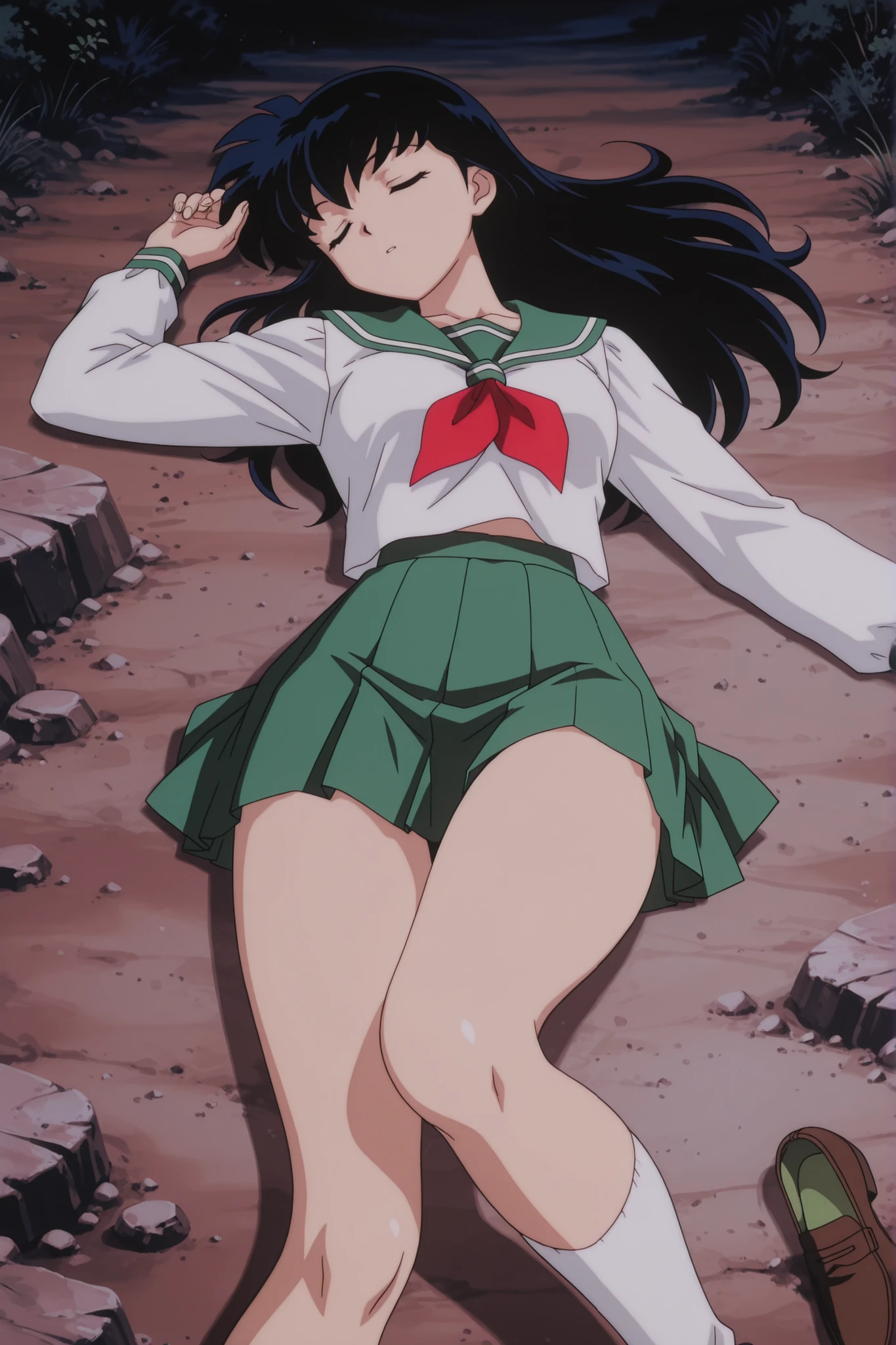 clean, {{scan}}, {{{masterpiece}}}, {{{high quality}}}, {{{animated}}}, anime colored, {{{official art}}}, perfect body, perfect face, extreme detail, perfect , intricate, (highly detailed), solo, 1girl ,(beautiful details:1.3), perfect eyes, perfect hands, masterpiece,best quality,amazing quality, higurashikagome, masterpiece, best quality, amazing quality,, kagome higurashi, long hair, black hair, retro artstyle, brown eyes, anime screencap, skirt, shirt, long sleeves, school uniform, white shirt, pleated skirt, serafuku, , , green skirt, ,, wasteland, barren, dry, post apocalyptic, desolate, , , cute 🥰, , solo,, cowboy shot, solo , green panyhose , full thighs with green panyhose,  sleeping on her face, her  and thighs up, white socks, loafers, , closed legs, , from below 