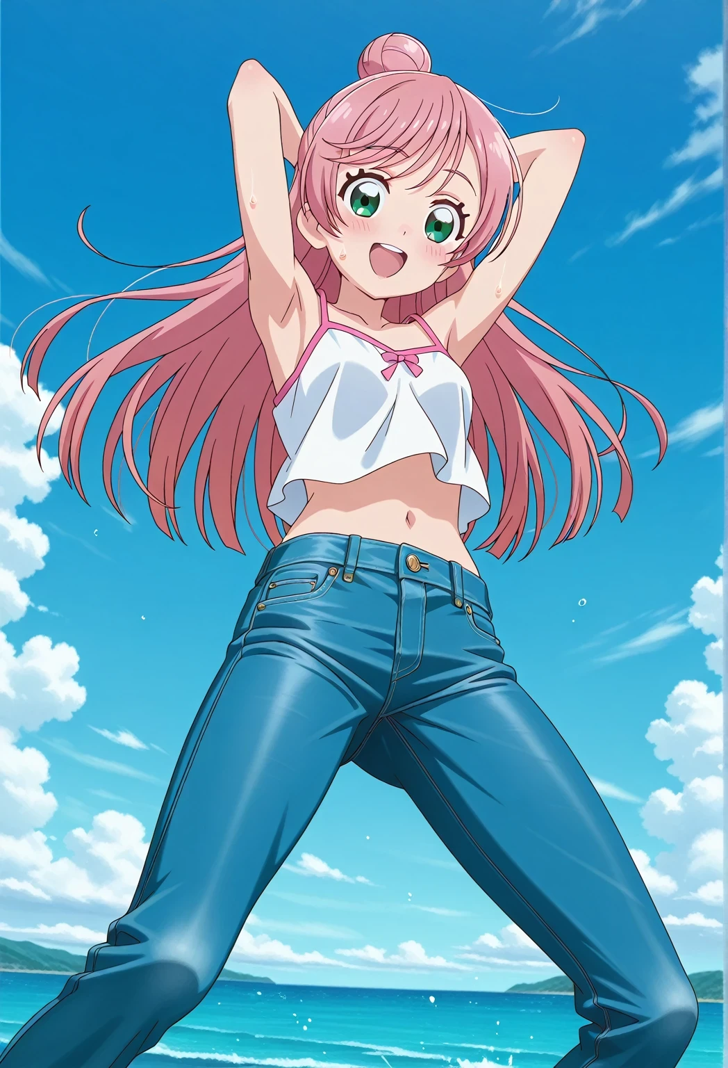 score_9, score_8_up, score_7_up, source_anime, highres, hi res, ((best quality, top quality, perfect quality, Highest Quality, amazing quality)), {{masterpiece}}, {{an extremely delicate and beautiful}}, 2d, intricate details, official style, anime, 8k, anime style, official_anime, official art, digital painting, cell shading, soft shading, high resolution, soothing tones, Subdued Color, Soft cinematic light, adobe lightroom, photolab, HDR, intricately and hyper-detailed, ((high quality animation)), 1 girl, Alone, solo, ((ocean)), tsunami, on the water, day, sunny, outdoors, sky, windy, nijigaoka mashiro, Hirogaru Sky! Precure, green eyes, long hair, pink hair, hair bun, anime screencap, small breasts, white camisole top, crop top, white crop top, best quality, hyper-detailed jeans, ((blue jeans:1.9)), (dark blue jeans:0.6), full medium body, medium shot, Open mouth, smiling, happy face, blush, sweat, standing, ((arms behind head:6.0)), ((perfect arm line:2.5)), bowlegged, jumping pose, action, looking at viewer, spread legs, Bend knees slightly, straight-on front view