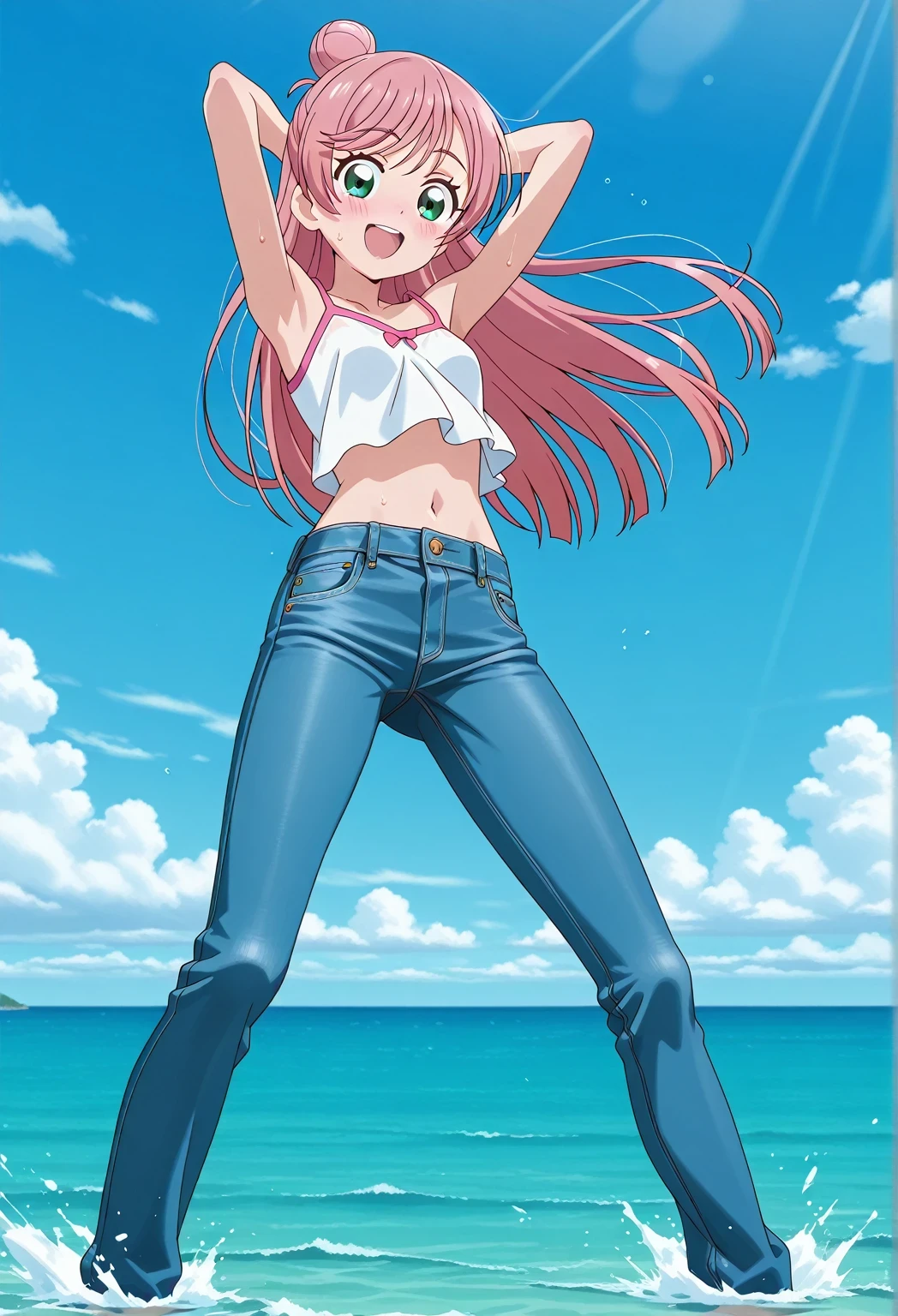 score_9, score_8_up, score_7_up, source_anime, highres, hi res, ((best quality, top quality, perfect quality, Highest Quality, amazing quality)), {{masterpiece}}, {{an extremely delicate and beautiful}}, 2d, intricate details, official style, anime, 8k, anime style, official_anime, official art, digital painting, cell shading, soft shading, high resolution, soothing tones, Subdued Color, Soft cinematic light, adobe lightroom, photolab, HDR, intricately and hyper-detailed, ((high quality animation)), 1 girl, Alone, solo, ((ocean)), tsunami, on the water, day, sunny, outdoors, sky, windy, nijigaoka mashiro, Hirogaru Sky! Precure, green eyes, long hair, pink hair, hair bun, anime screencap, small breasts, white camisole top, crop top, white crop top, best quality, hyper-detailed jeans, ((blue jeans:1.9)), (dark blue jeans:0.6), full medium body, medium shot, Open mouth, smiling, happy face, blush, sweat, standing, ((arms behind head:6.0)), ((perfect arm line:2.5)), bowlegged, jumping pose, action, looking at viewer, spread legs, Bend knees slightly, straight-on front view