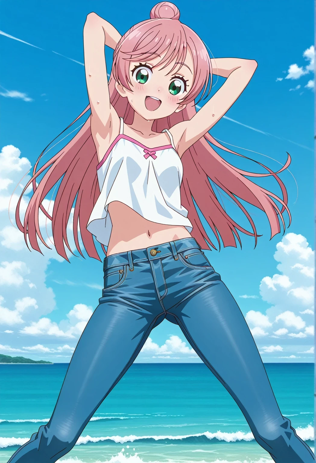 score_9, score_8_up, score_7_up, source_anime, highres, hi res, ((best quality, top quality, perfect quality, Highest Quality, amazing quality)), {{masterpiece}}, {{an extremely delicate and beautiful}}, 2d, intricate details, official style, anime, 8k, anime style, official_anime, official art, digital painting, cell shading, soft shading, high resolution, soothing tones, Subdued Color, Soft cinematic light, adobe lightroom, photolab, HDR, intricately and hyper-detailed, ((high quality animation)), 1 girl, Alone, solo, ((ocean)), tsunami, on the water, day, sunny, outdoors, sky, windy, nijigaoka mashiro, Hirogaru Sky! Precure, green eyes, long hair, pink hair, hair bun, anime screencap, small breasts, white camisole top, crop top, white crop top, best quality, hyper-detailed jeans, ((blue jeans:1.9)), (dark blue jeans:0.6), full medium body, medium shot, Open mouth, smiling, happy face, blush, sweat, standing, ((arms behind head:6.0)), ((perfect arm line:2.5)), bowlegged, jumping pose, action, looking at viewer, spread legs, Bend knees slightly, straight-on front view