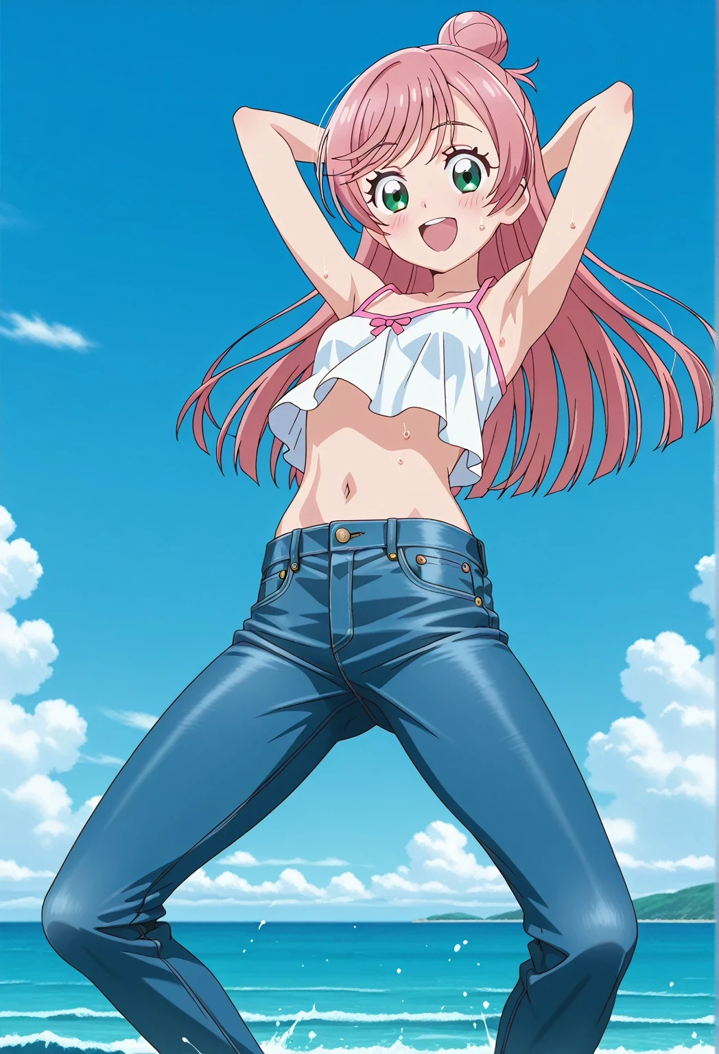 score_9, score_8_up, score_7_up, source_anime, highres, hi res, ((best quality, top quality, perfect quality, Highest Quality, amazing quality)), {{masterpiece}}, {{an extremely delicate and beautiful}}, 2d, intricate details, official style, anime, 8k, anime style, official_anime, official art, digital painting, cell shading, soft shading, high resolution, soothing tones, Subdued Color, Soft cinematic light, adobe lightroom, photolab, HDR, intricately and hyper-detailed, ((high quality animation)), 1 girl, Alone, solo, ((ocean)), tsunami, on the water, day, sunny, outdoors, sky, windy, nijigaoka mashiro, Hirogaru Sky! Precure, green eyes, long hair, pink hair, hair bun, anime screencap, small breasts, white camisole top, crop top, white crop top, best quality, hyper-detailed jeans, ((blue jeans:1.9)), (dark blue jeans:0.6), full medium body, medium shot, Open mouth, smiling, happy face, blush, sweat, standing, ((arms behind head:6.0)), ((perfect arm line:2.5)), bowlegged, jumping pose, action, looking at viewer, spread legs, Bend knees slightly, straight-on front view