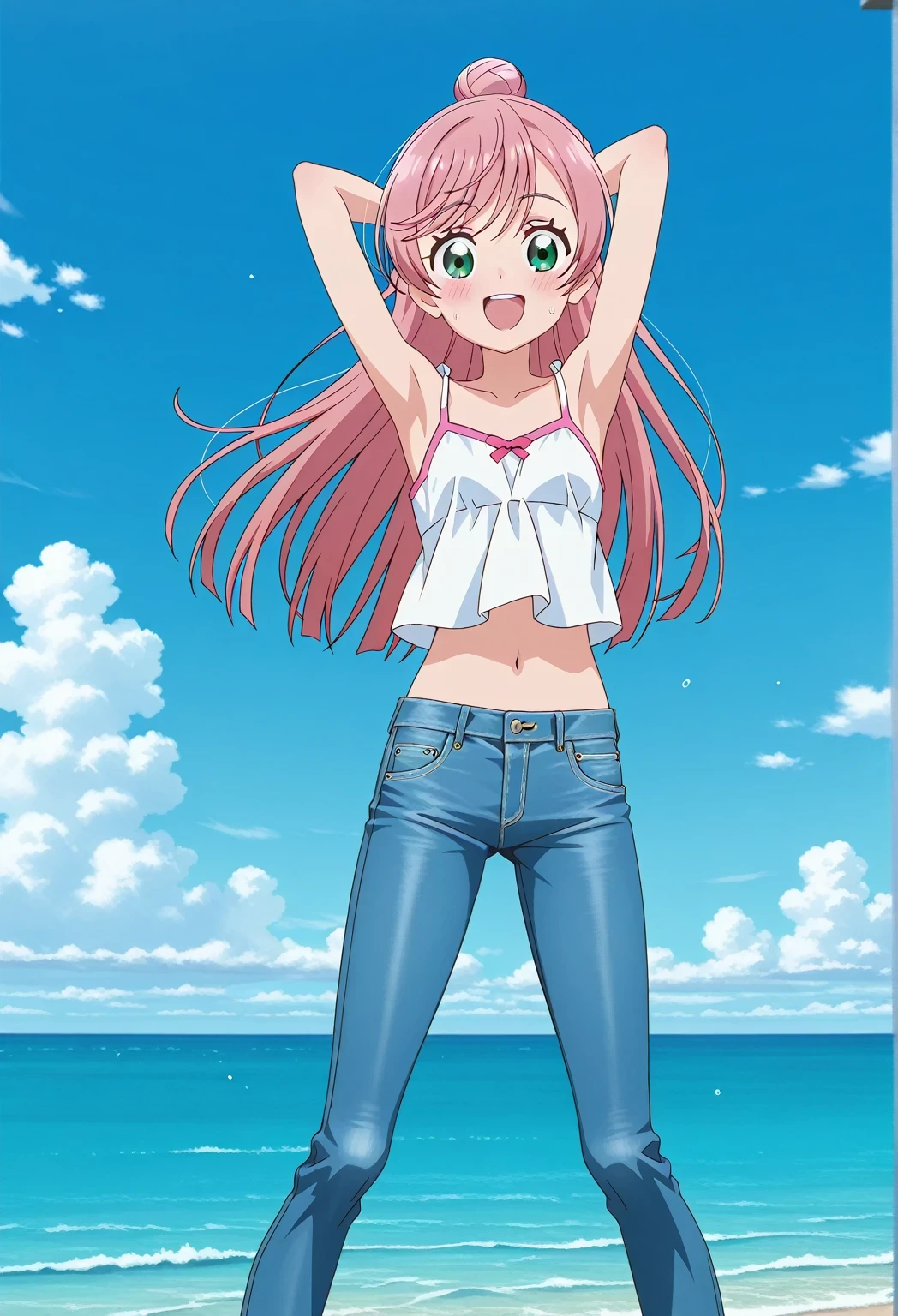 score_9, score_8_up, score_7_up, source_anime, highres, hi res, ((best quality, top quality, perfect quality, Highest Quality, amazing quality)), {{masterpiece}}, {{an extremely delicate and beautiful}}, 2d, intricate details, official style, anime, 8k, anime style, official_anime, official art, digital painting, cell shading, soft shading, high resolution, soothing tones, Subdued Color, Soft cinematic light, adobe lightroom, photolab, HDR, intricately and hyper-detailed, ((high quality animation)), 1 girl, Alone, solo, ((ocean)), tsunami, on the water, day, sunny, outdoors, sky, windy, nijigaoka mashiro, Hirogaru Sky! Precure, green eyes, long hair, pink hair, hair bun, anime screencap, small breasts, white camisole top, crop top, white crop top, best quality, hyper-detailed jeans, ((blue jeans:1.9)), (dark blue jeans:0.6), full medium body, medium shot, Open mouth, smiling, happy face, blush, sweat, standing, ((arms behind head:6.0)), ((perfect arm line:2.5)), bowlegged, jumping pose, action, looking at viewer, spread legs, Bend knees slightly, straight-on front view
