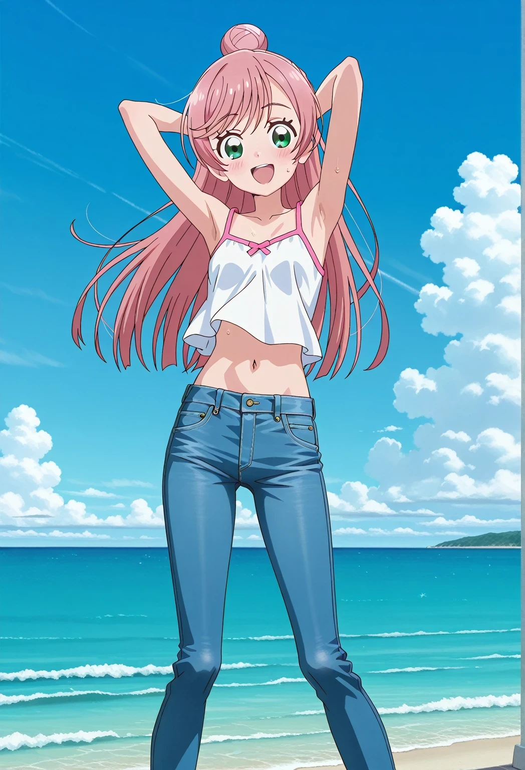 score_9, score_8_up, score_7_up, source_anime, highres, hi res, ((best quality, top quality, perfect quality, Highest Quality, amazing quality)), {{masterpiece}}, {{an extremely delicate and beautiful}}, 2d, intricate details, official style, anime, 8k, anime style, official_anime, official art, digital painting, cell shading, soft shading, high resolution, soothing tones, Subdued Color, Soft cinematic light, adobe lightroom, photolab, HDR, intricately and hyper-detailed, ((high quality animation)), 1 girl, Alone, solo, ((ocean)), tsunami, on the water, day, sunny, outdoors, sky, windy, nijigaoka mashiro, Hirogaru Sky! Precure, green eyes, long hair, pink hair, hair bun, anime screencap, small breasts, white camisole top, crop top, white crop top, best quality, hyper-detailed jeans, ((blue jeans:1.9)), (dark blue jeans:0.6), full medium body, medium shot, Open mouth, smiling, happy face, blush, sweat, standing, ((arms behind head:6.0)), ((perfect arm line:2.5)), bowlegged, jumping pose, action, looking at viewer, spread legs, Bend knees slightly, straight-on front view