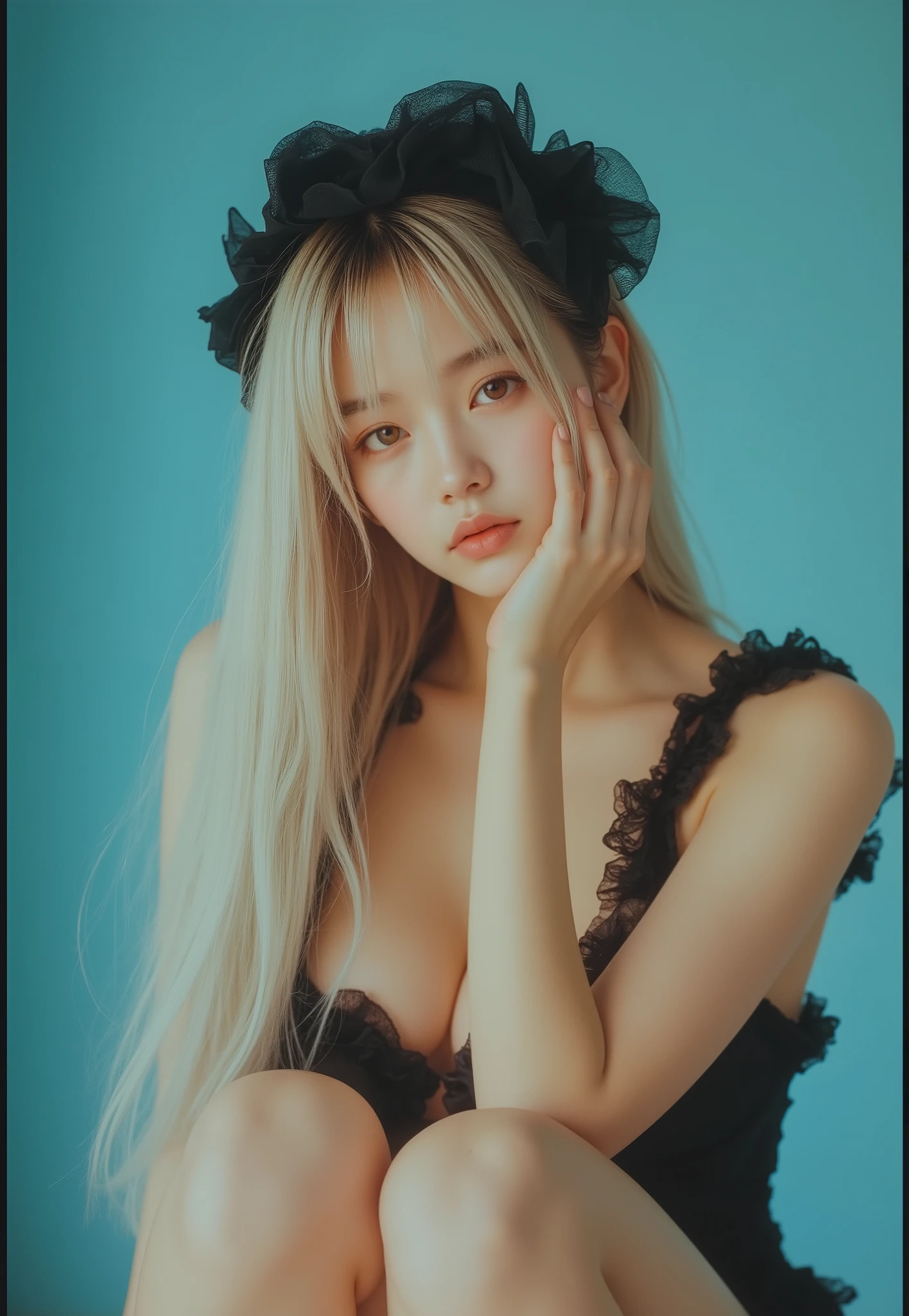 masterpiece(8k, super high resolution on a pile, フォトrealistic, realistic:1.4), (photo-realistic lighting), She is a Japanese woman、long hair with white blond hair trimmed、straight hair that goes below the chest、Clothes made of black ruffle lace fabric、(cute pose to raise to the knee), (full body), (big bust),　lens: 85mm F1.8, Open 1.8, ISO100, 1/200s、