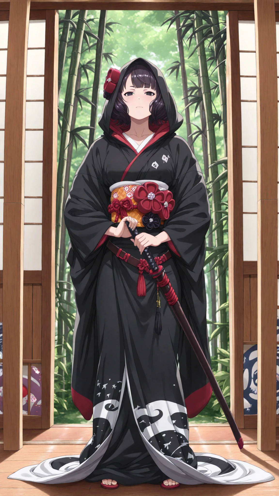 (masterpiece:1.2), (best quality:1.2), 8K, ultra-detailed, high detail, sharp focus, 2D illustration,

// --- キーワードで各LoRAの仕事を支援 ---
// [浮世絵LoRA支援]
(style of Katsushika Hokusai:1.1), (Ukiyo-e:1.1), (Japanese woodblock print:1.1), flat color planes, bold outlines,

// [人物LoRA支援]
(1 female, lone swordswoman:1.4), (female assassin:1.3), (cold beauty:1.1), (piercing eyes:1.2), stoic face,
(standing upright pose:1.3), (hand on katana hilt:1.3), (ready to draw sword:1.2),

// [侍LoRA支援]
(traditional japanese kimono:1.1), (dark kimono:1.1), (worn robes:1.1), (detailed katana:1.2), (detailed tsuba:1.1),
【(one katana:1.3), (single sword:1.3)】

// [背景LoRA支援]
(in a dense bamboo forest:1.1), dynamic bamboo shadows, intersecting shadows,

// [テーマ]
(tense atmosphere:1.2), (killing intent:1.2)