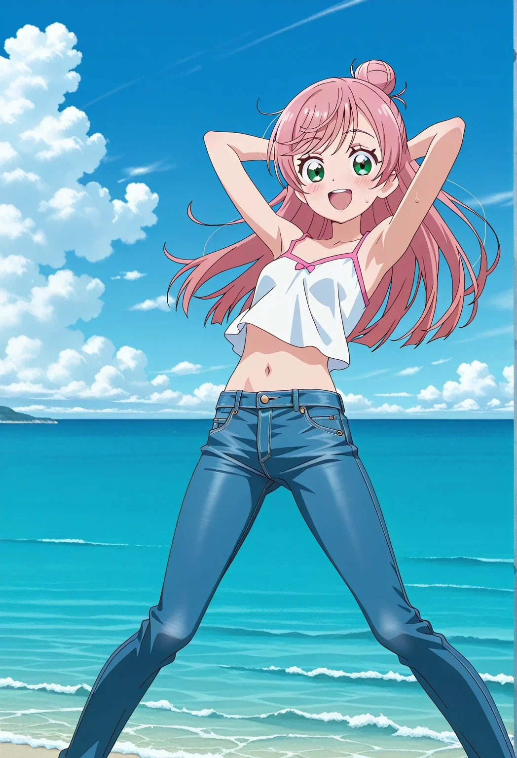 score_9, score_8_up, score_7_up, source_anime, highres, hi res, ((best quality, top quality, perfect quality, Highest Quality, amazing quality)), {{masterpiece}}, {{an extremely delicate and beautiful}}, 2d, intricate details, official style, anime, 8k, anime style, official_anime, official art, digital painting, cell shading, soft shading, high resolution, soothing tones, Subdued Color, Soft cinematic light, adobe lightroom, photolab, HDR, intricately and hyper-detailed, ((high quality animation)), 1 girl, Alone, solo, ((ocean)), tsunami, on the water, day, sunny, outdoors, sky, windy, nijigaoka mashiro, Hirogaru Sky! Precure, green eyes, long hair, pink hair, hair bun, anime screencap, small breasts, white camisole top, crop top, white crop top, best quality, hyper-detailed jeans, ((blue jeans:1.9)), (dark blue jeans:0.6), full medium body, medium shot, Open mouth, smiling, happy face, blush, sweat, standing, ((arms behind head:6.0)), ((perfect arm line:2.5)), bowlegged, jumping pose, action, looking at viewer, spread legs, Bend knees slightly, straight-on front view