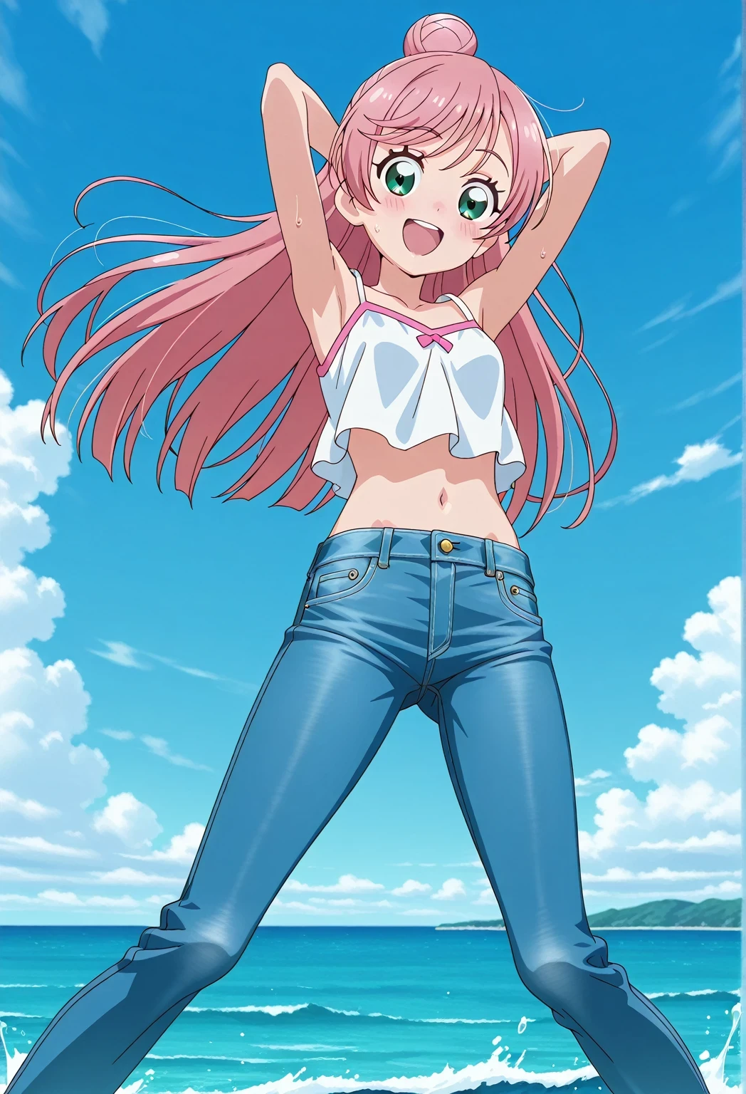 score_9, score_8_up, score_7_up, source_anime, highres, hi res, ((best quality, top quality, perfect quality, Highest Quality, amazing quality)), {{masterpiece}}, {{an extremely delicate and beautiful}}, 2d, intricate details, official style, anime, 8k, anime style, official_anime, official art, digital painting, cell shading, soft shading, high resolution, soothing tones, Subdued Color, Soft cinematic light, adobe lightroom, photolab, HDR, intricately and hyper-detailed, ((high quality animation)), 1 girl, Alone, solo, ((ocean)), tsunami, on the water, day, sunny, outdoors, sky, windy, nijigaoka mashiro, Hirogaru Sky! Precure, green eyes, long hair, pink hair, hair bun, anime screencap, small breasts, white camisole top, crop top, white crop top, best quality, hyper-detailed jeans, ((blue jeans:1.9)), (dark blue jeans:0.6), full medium body, medium shot, Open mouth, smiling, happy face, blush, sweat, standing, ((arms behind head:6.0)), ((perfect arm line:2.5)), bowlegged, jumping pose, action, looking at viewer, spread legs, Bend knees slightly, straight-on front view