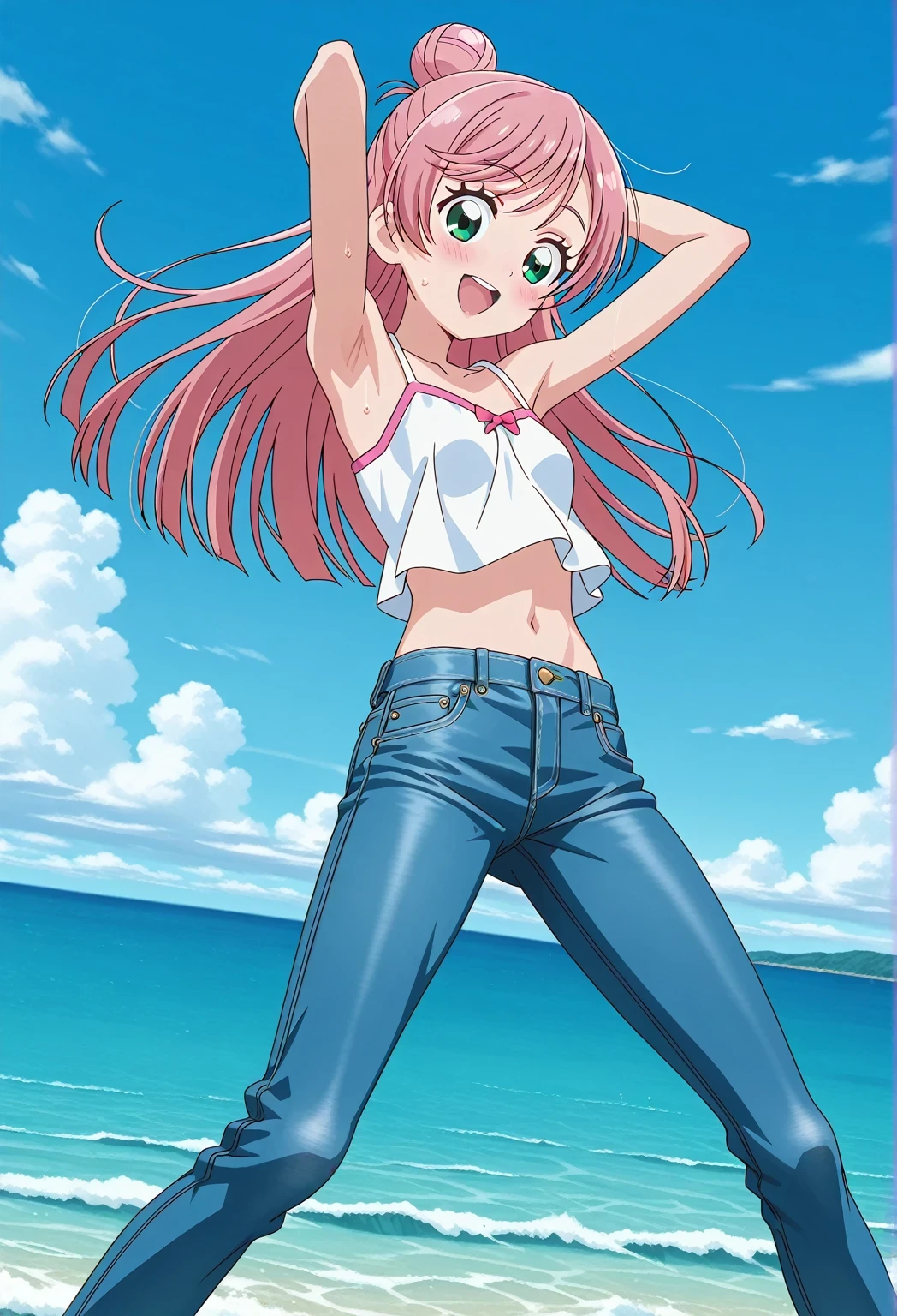 score_9, score_8_up, score_7_up, source_anime, highres, hi res, ((best quality, top quality, perfect quality, Highest Quality, amazing quality)), {{masterpiece}}, {{an extremely delicate and beautiful}}, 2d, intricate details, official style, anime, 8k, anime style, official_anime, official art, digital painting, cell shading, soft shading, high resolution, soothing tones, Subdued Color, Soft cinematic light, adobe lightroom, photolab, HDR, intricately and hyper-detailed, ((high quality animation)), 1 girl, Alone, solo, ((ocean)), tsunami, on the water, day, sunny, outdoors, sky, windy, nijigaoka mashiro, Hirogaru Sky! Precure, green eyes, long hair, pink hair, hair bun, anime screencap, small breasts, white camisole top, crop top, white crop top, best quality, hyper-detailed jeans, ((blue jeans:1.9)), (dark blue jeans:0.6), full medium body, medium shot, Open mouth, smiling, happy face, blush, sweat, standing, ((arms behind head:6.0)), ((perfect arm line:2.5)), bowlegged, jumping pose, action, looking at viewer, spread legs, Bend knees slightly, straight-on front view