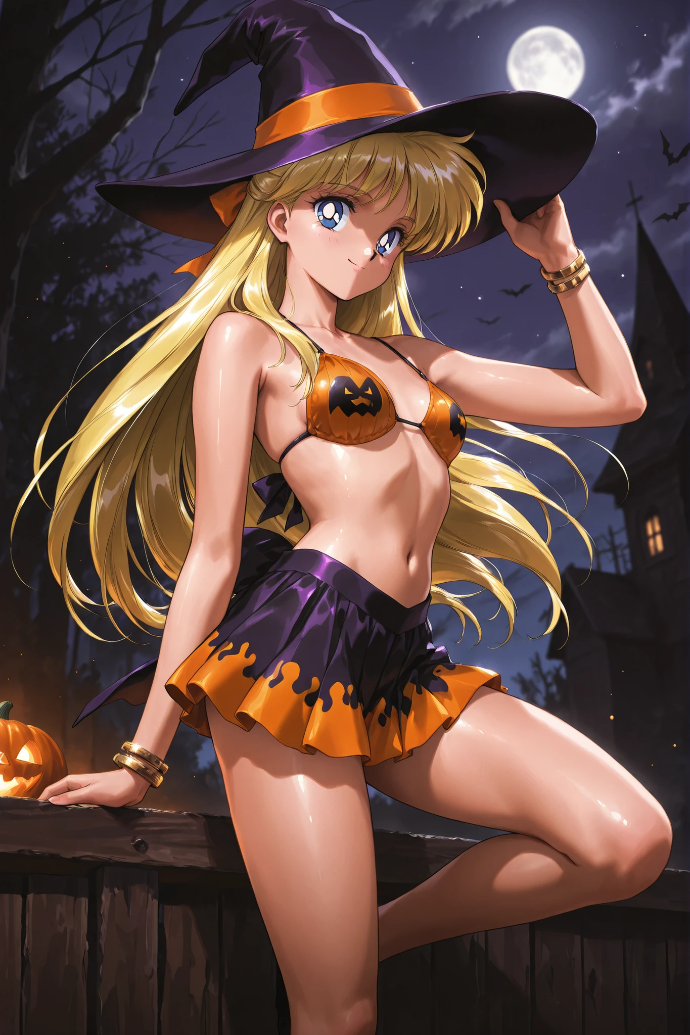 masterpiece, amazing quality, best quality, ultra-detailed, 8K, illustration, ultra-detailed-eyes, soft skin, very awa, very as2, soft body, 1990s \(style\), official art, ainominako, blonde hair, blue eyes, half updo, long hair, small breasts, night, solo, looking at viewer, navel, Halloween-themed bikini top, mikro skirt, witch hat, bracelet, Halloween theme, smile, bare legs