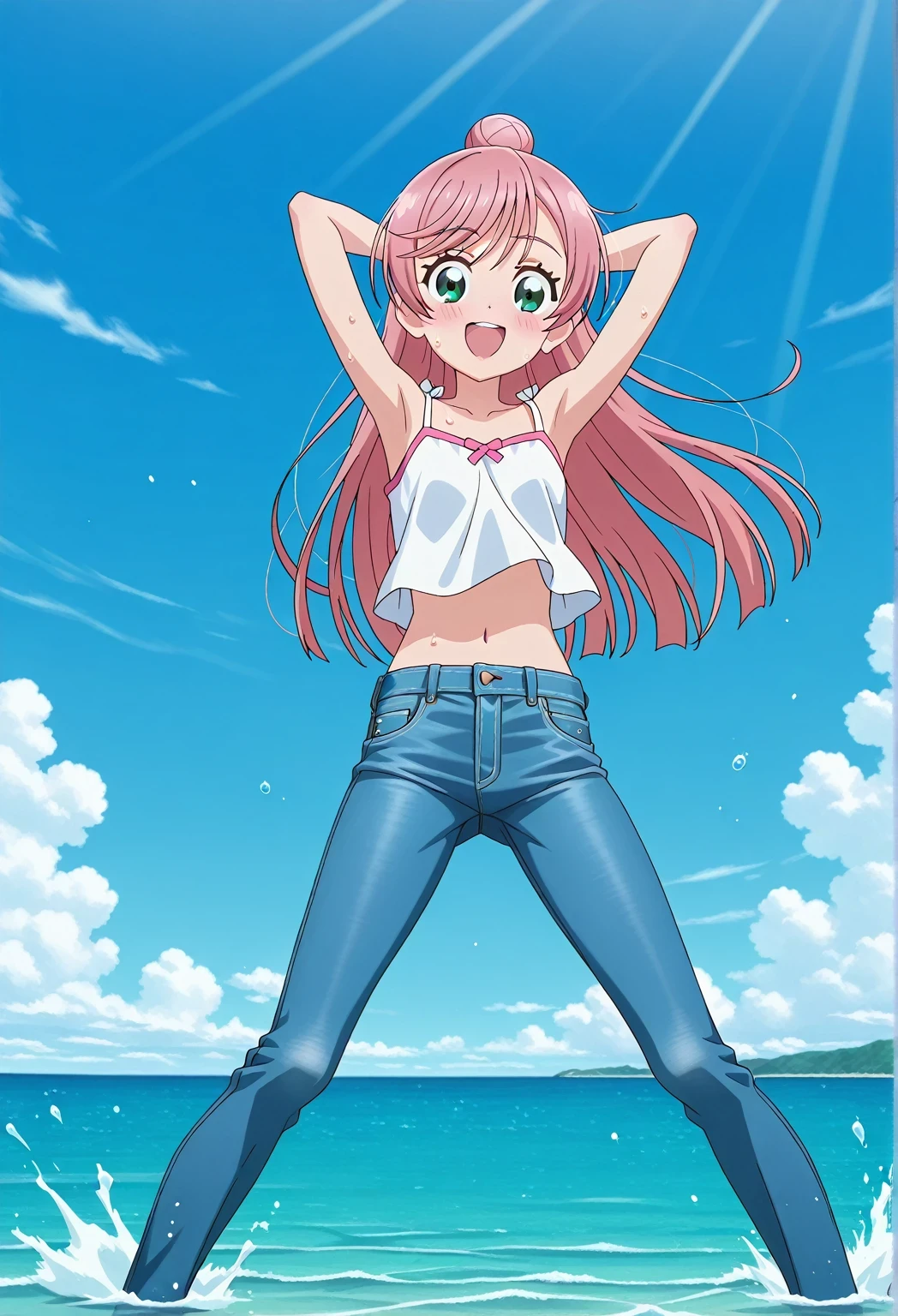 score_9, score_8_up, score_7_up, source_anime, highres, hi res, ((best quality, top quality, perfect quality, Highest Quality, amazing quality)), {{masterpiece}}, {{an extremely delicate and beautiful}}, 2d, intricate details, official style, anime, 8k, anime style, official_anime, official art, digital painting, cell shading, soft shading, high resolution, soothing tones, Subdued Color, Soft cinematic light, adobe lightroom, photolab, HDR, intricately and hyper-detailed, ((high quality animation)), 1 girl, Alone, solo, ((ocean)), tsunami, on the water, day, sunny, outdoors, sky, windy, nijigaoka mashiro, Hirogaru Sky! Precure, green eyes, long hair, pink hair, hair bun, anime screencap, small breasts, white camisole top, crop top, white crop top, best quality, hyper-detailed jeans, ((blue jeans:1.9)), (dark blue jeans:0.6), full medium body, medium shot, Open mouth, smiling, happy face, blush, sweat, standing, ((arms behind head:6.0)), ((perfect arm line:2.5)), bowlegged, sliding pose, action, looking at viewer, spread legs, Bend knees slightly, straight-on front view