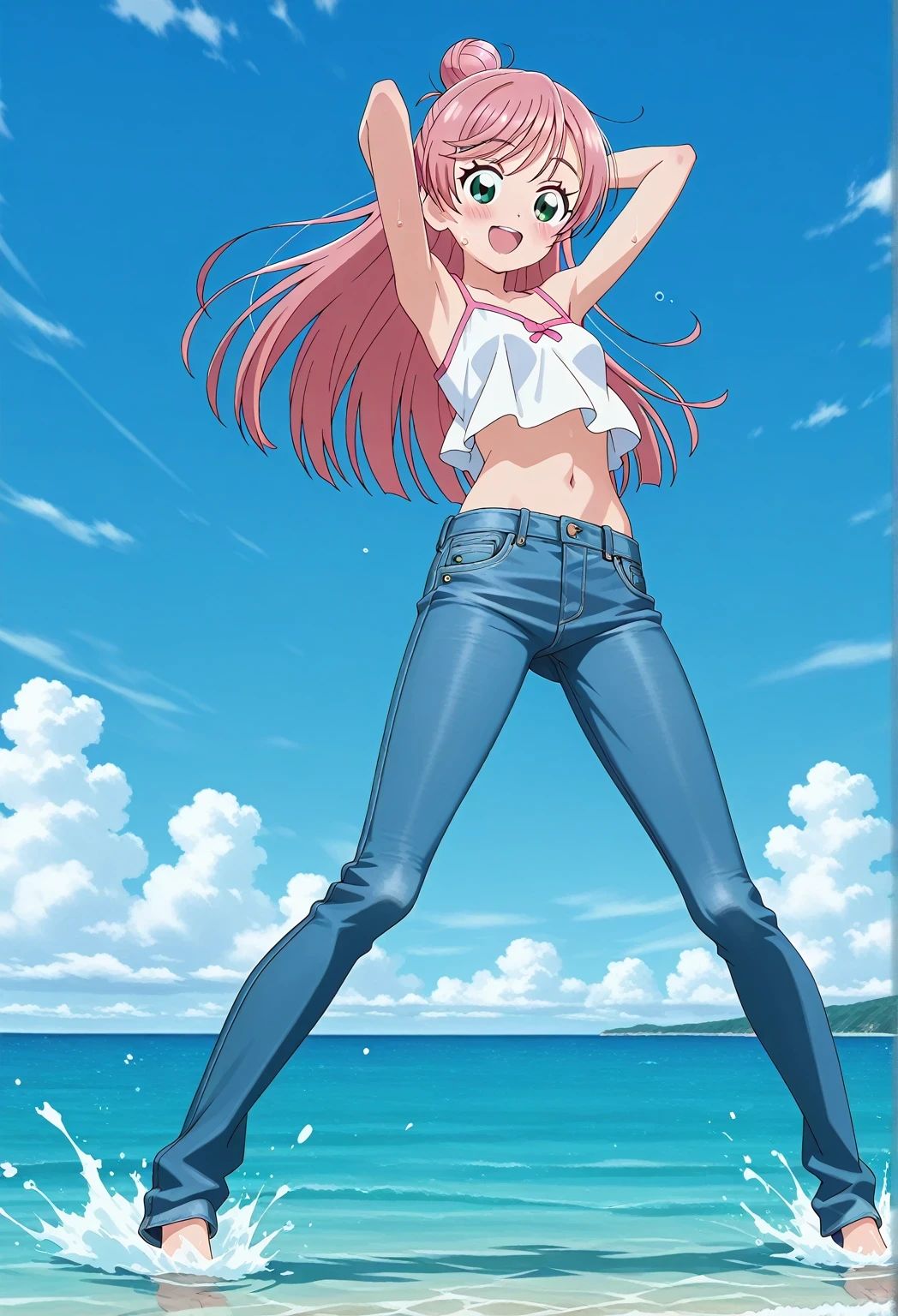 score_9, score_8_up, score_7_up, source_anime, highres, hi res, ((best quality, top quality, perfect quality, Highest Quality, amazing quality)), {{masterpiece}}, {{an extremely delicate and beautiful}}, 2d, intricate details, official style, anime, 8k, anime style, official_anime, official art, digital painting, cell shading, soft shading, high resolution, soothing tones, Subdued Color, Soft cinematic light, adobe lightroom, photolab, HDR, intricately and hyper-detailed, ((high quality animation)), 1 girl, Alone, solo, ((ocean)), tsunami, on the water, day, sunny, outdoors, sky, windy, nijigaoka mashiro, Hirogaru Sky! Precure, green eyes, long hair, pink hair, hair bun, anime screencap, small breasts, white camisole top, crop top, white crop top, best quality, hyper-detailed jeans, ((blue jeans:1.9)), (dark blue jeans:0.6), full medium body, medium shot, Open mouth, smiling, happy face, blush, sweat, standing, ((arms behind head:6.0)), ((perfect arm line:2.5)), bowlegged, jumping pose, action, looking at viewer, spread legs, Bend knees slightly, straight-on front view