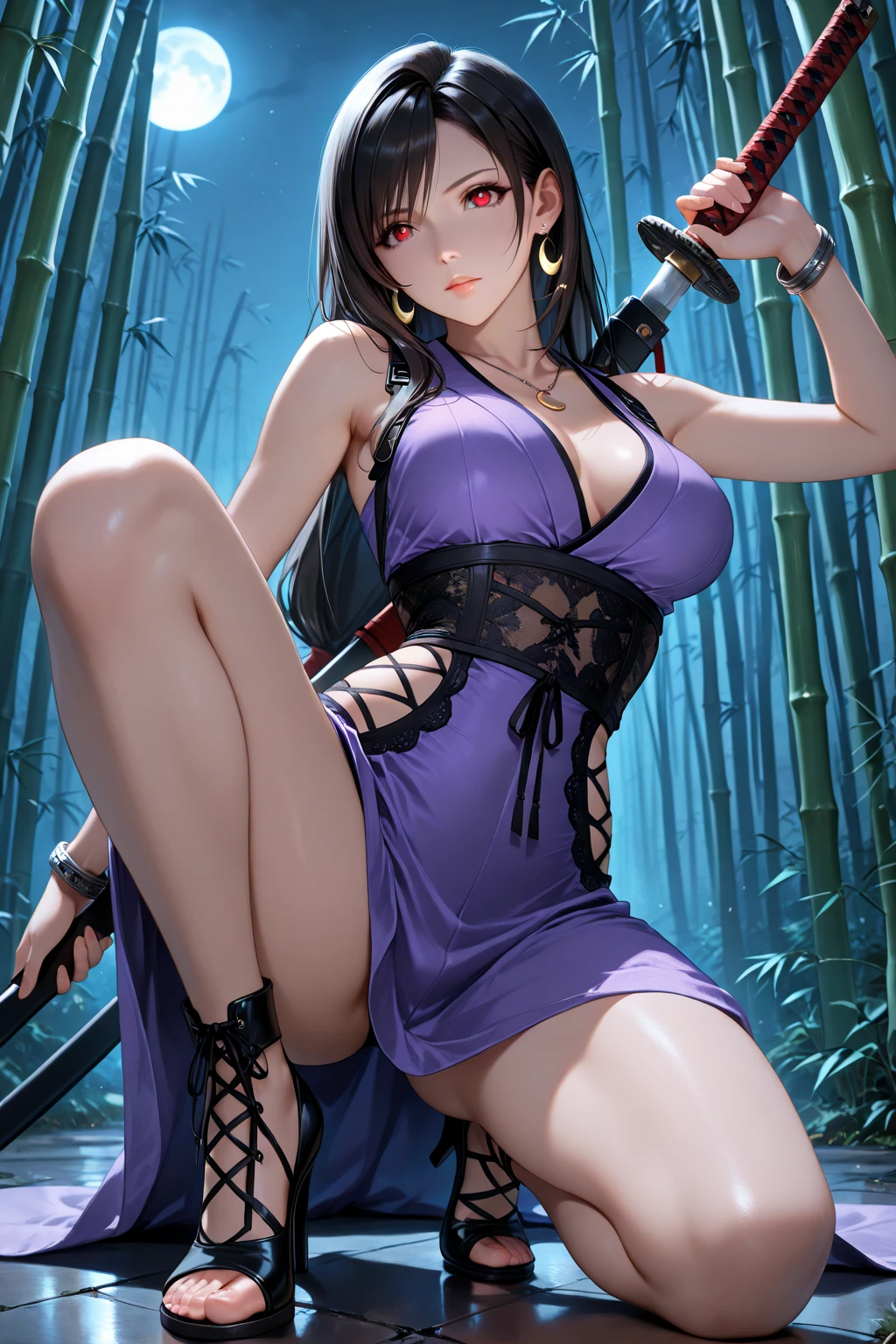 tifa lockhart, final fantasy vii remake, 1girl, black hair, blurry, blurry background, , red eyes, choker, cleavage, dress, , lens flare, lips, long hair, looking at viewer, purple dress, solo, crescent earrings, lingerie, negligee, official alternate costume, ribbon choker, short dress, (tifa lockhart's refined dress), ((masterpiece))

<lora:tifa_lockhart_offset:1>
