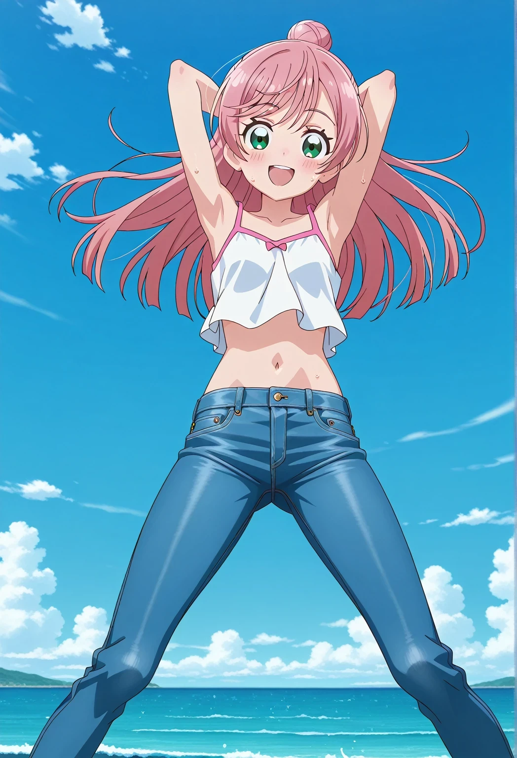 score_9, score_8_up, score_7_up, source_anime, highres, hi res, ((best quality, top quality, perfect quality, Highest Quality, amazing quality)), {{masterpiece}}, {{an extremely delicate and beautiful}}, 2d, intricate details, official style, anime, 8k, anime style, official_anime, official art, digital painting, cell shading, soft shading, high resolution, soothing tones, Subdued Color, Soft cinematic light, adobe lightroom, photolab, HDR, intricately and hyper-detailed, ((high quality animation)), 1 girl, Alone, solo, ((ocean)), tsunami, on the water, day, sunny, outdoors, sky, windy, nijigaoka mashiro, Hirogaru Sky! Precure, green eyes, long hair, pink hair, hair bun, anime screencap, small breasts, white camisole top, crop top, white crop top, best quality, hyper-detailed jeans, ((blue jeans:1.9)), (dark blue jeans:0.6), full medium body, medium shot, Open mouth, smiling, happy face, blush, sweat, standing, ((arms behind head:6.0)), ((perfect arm line:2.5)), bowlegged, jumping pose, action, looking at viewer, spread legs, Bend knees slightly, straight-on front view