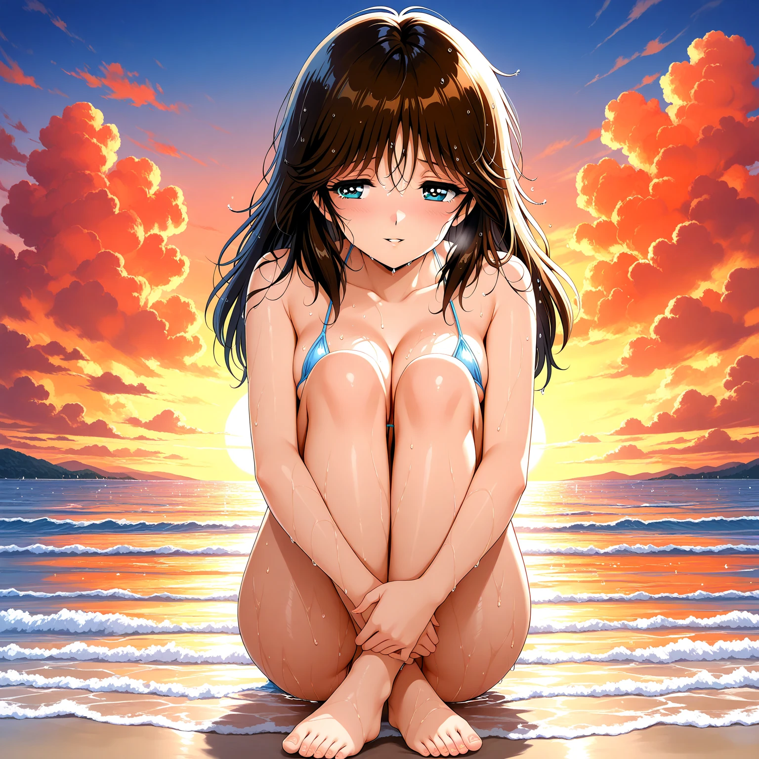 (8K、top-quality、​masterpiece:1.2)、(realisitic、ultra-detailliert、超A high resolution、beautifull detailed face,perfect body,(1girl,black long hair),(nude,erect nipples,pubic hair),squatting,spread  by hands:1.3,detiled vagina,in Sunrise over the Ocean,pov,