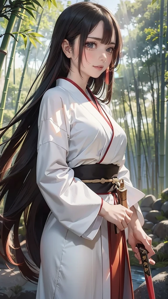 charachter: Young Woman Inspired by Nezuko Kamado General Appearance:
- Hair: long, black and wavy with orange tips. Part of the hair is tied up with a big red bow., with orange ornaments on the back of the head. 
- Eyes: grandes e expressivos, bright pink color.
- First: Soft e pálida, highlighting the character's youth and delicacy.

badass clothing:
- Kimono: traditional japanese, light pink color, with white geometric details. 
  - Upper part: Leaves shoulders partially , with long, wide sleeves that add a touch of elegance.
  - Bottom: Fitted to gracefully reveal legs.
- Heart: rot, complemented by a golden bow that stands out at the waist.

Accessories:
- Bow and Adornments: A large red bow holds part of the hair, accompanied by orange adornments on the back of the head.
- Object in Hand: In the right hand, She holds a thin, red object, como uma fita ou lanyard, adding an element of delicacy to the pose.

Poses and Environment:
- Pose: Sitting sideways by a lake.
  - Legs: One leg bent and the other extended.
  -Hands: The right hand holding the ribbon/lanyard, and the left hand resting lightly on the bent knee.
  - Face: Slightly tilted downwards, with a serene expression, as if deep in thought.
-Scenario: Natural and serene.
  - Lake: Crystal clear water reflecting the soft sunlight.
  - Vegetation: Mossy stones and dense vegetation around.
  -Lighting: Soft, highlighting the soft contours of the young woman and creating golden reflections on the water surface.

Specific Details:
-  Expression: Quiet and contemplative, with a slight smile or thoughtful look.
- Textura das badass clothing: The kimono should look fluid and smooth, with natural folds that follow the shape of the body.
- Natural environment: It should convey a feeling of peace and harmony, with soft colors and elements that highlight the tranquility of the moment.
