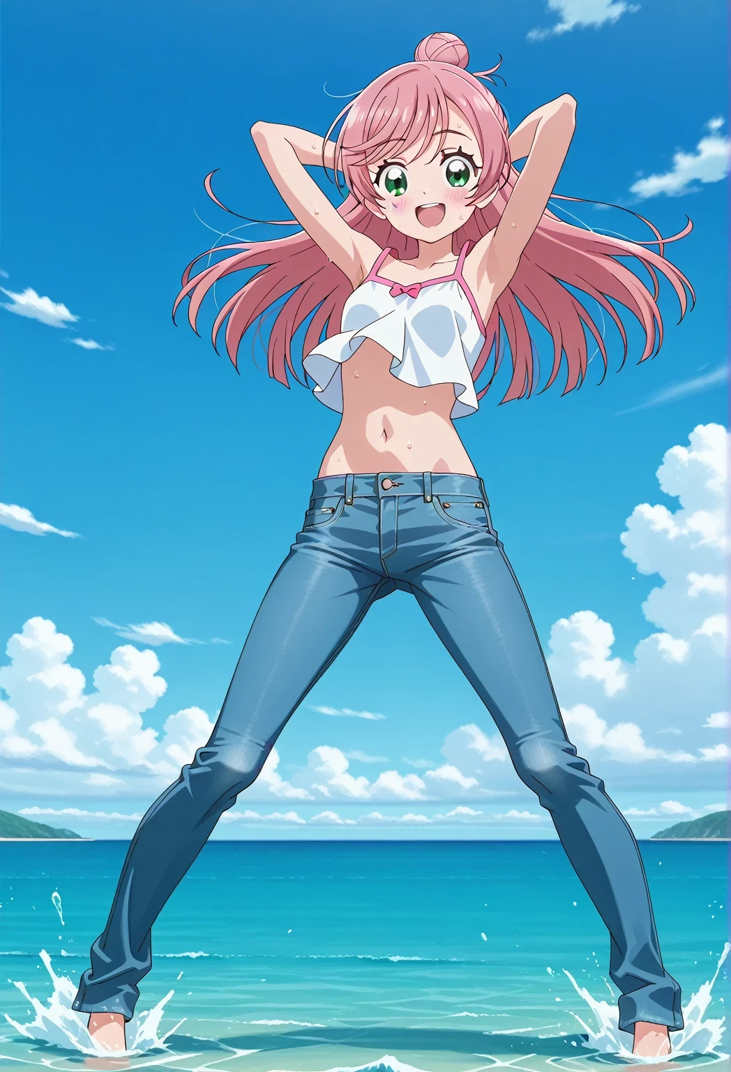 score_9, score_8_up, score_7_up, source_anime, highres, hi res, ((best quality, top quality, perfect quality, Highest Quality, amazing quality)), {{masterpiece}}, {{an extremely delicate and beautiful}}, 2d, intricate details, official style, anime, 8k, anime style, official_anime, official art, digital painting, cell shading, soft shading, high resolution, soothing tones, Subdued Color, Soft cinematic light, adobe lightroom, photolab, HDR, intricately and hyper-detailed, ((high quality animation)), 1 girl, Alone, solo, ((ocean)), tsunami, on the water, day, sunny, outdoors, sky, windy, nijigaoka mashiro, Hirogaru Sky! Precure, green eyes, long hair, pink hair, hair bun, anime screencap, small breasts, white camisole top, crop top, white crop top, best quality, hyper-detailed jeans, ((blue jeans:1.9)), (dark blue jeans:0.6), full medium body, medium shot, Open mouth, smiling, happy face, blush, sweat, standing, ((arms behind head:6.0)), ((perfect arm line:2.5)), bowlegged, jumping pose, action, looking at viewer, spread legs, Bend knees slightly, straight-on front view