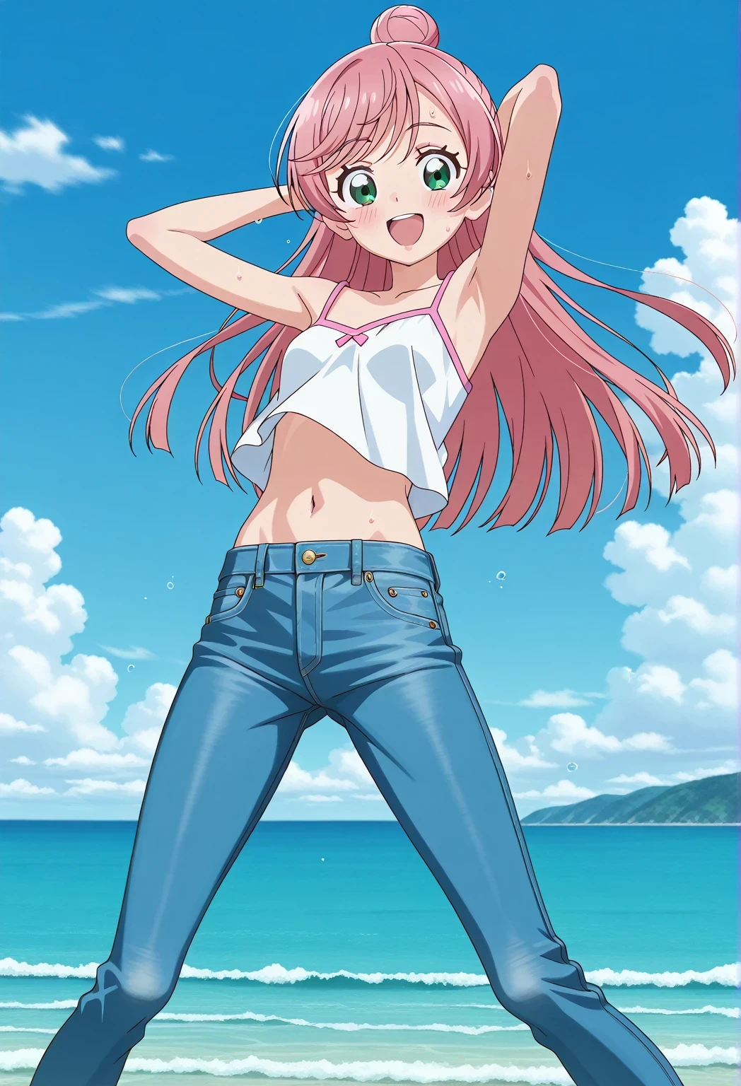 score_9, score_8_up, score_7_up, source_anime, highres, hi res, ((best quality, top quality, perfect quality, Highest Quality, amazing quality)), {{masterpiece}}, {{an extremely delicate and beautiful}}, 2d, intricate details, official style, anime, 8k, anime style, official_anime, official art, digital painting, cell shading, soft shading, high resolution, soothing tones, Subdued Color, Soft cinematic light, adobe lightroom, photolab, HDR, intricately and hyper-detailed, ((high quality animation)), 1 girl, Alone, solo, ((ocean)), tsunami, on the water, day, sunny, outdoors, sky, windy, nijigaoka mashiro, Hirogaru Sky! Precure, green eyes, long hair, pink hair, hair bun, anime screencap, small breasts, white camisole top, crop top, white crop top, best quality, hyper-detailed jeans, ((blue jeans:1.9)), (dark blue jeans:0.6), full medium body, medium shot, Open mouth, smiling, happy face, blush, sweat, standing, ((arms behind head:6.0)), ((perfect arm line:2.5)), bowlegged, jumping pose, action, looking at viewer, spread legs, Bend knees slightly, straight-on front view