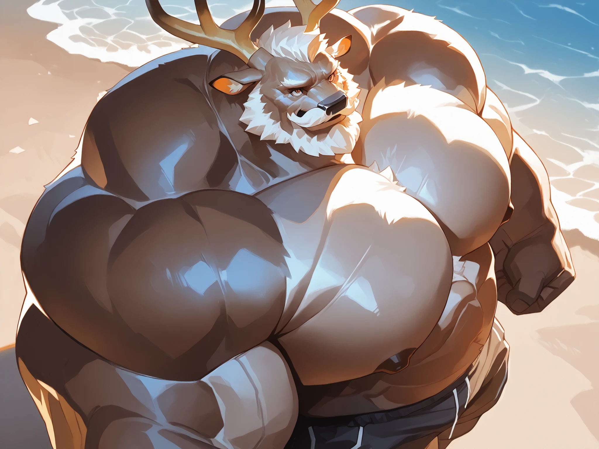 solo, huge muscular old man, furry Deer, happy, beach, side , standing, mustache, height angle, hi angle, view from top, side view, Stand slightly sideways,  focus, side angel, , very huge pectoral, huge round pectoral, shorts, detailed face:1.3, eyes, wide shoulder, thick arms, wide pectoral, muscle, short hair:1.2, masterpiece, semirealistic:1.2, high detailed, 8k, high resolution