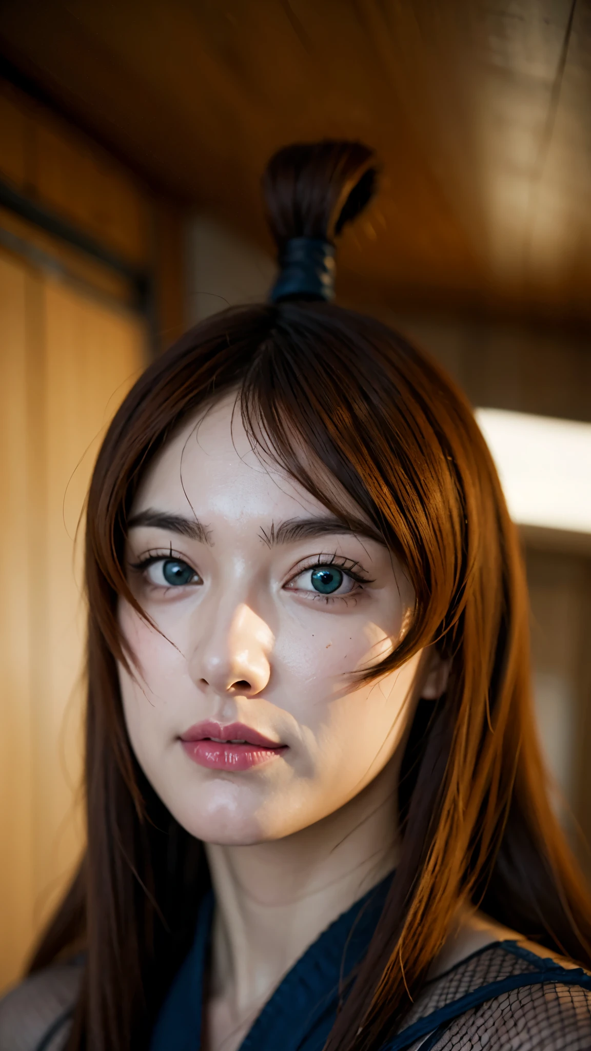 Half-body portrait of Mei Terumi from Naruto Shippuden, ultra-realistic and highly detailed, HD quality. She has long wavy auburn hair, green eyes, and wears her signature blue and turquoise outfit with mesh armor underneath. Her expression is confident and elegant, with a soft smile. The lighting is cinematic and natural, emphasizing realistic skin texture, detailed fabric, and lifelike depth of field. Background softly blurred for focus on her face