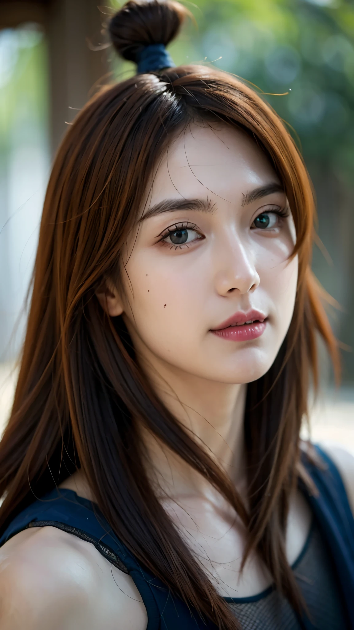 Half-body portrait of Mei Terumi from Naruto Shippuden, ultra-realistic and highly detailed, HD quality. She has long wavy auburn hair, green eyes, and wears her signature blue and turquoise outfit with mesh armor underneath. Her expression is confident and elegant, with a soft smile. The lighting is cinematic and natural, emphasizing realistic skin texture, detailed fabric, and lifelike depth of field. Background softly blurred for focus on her face