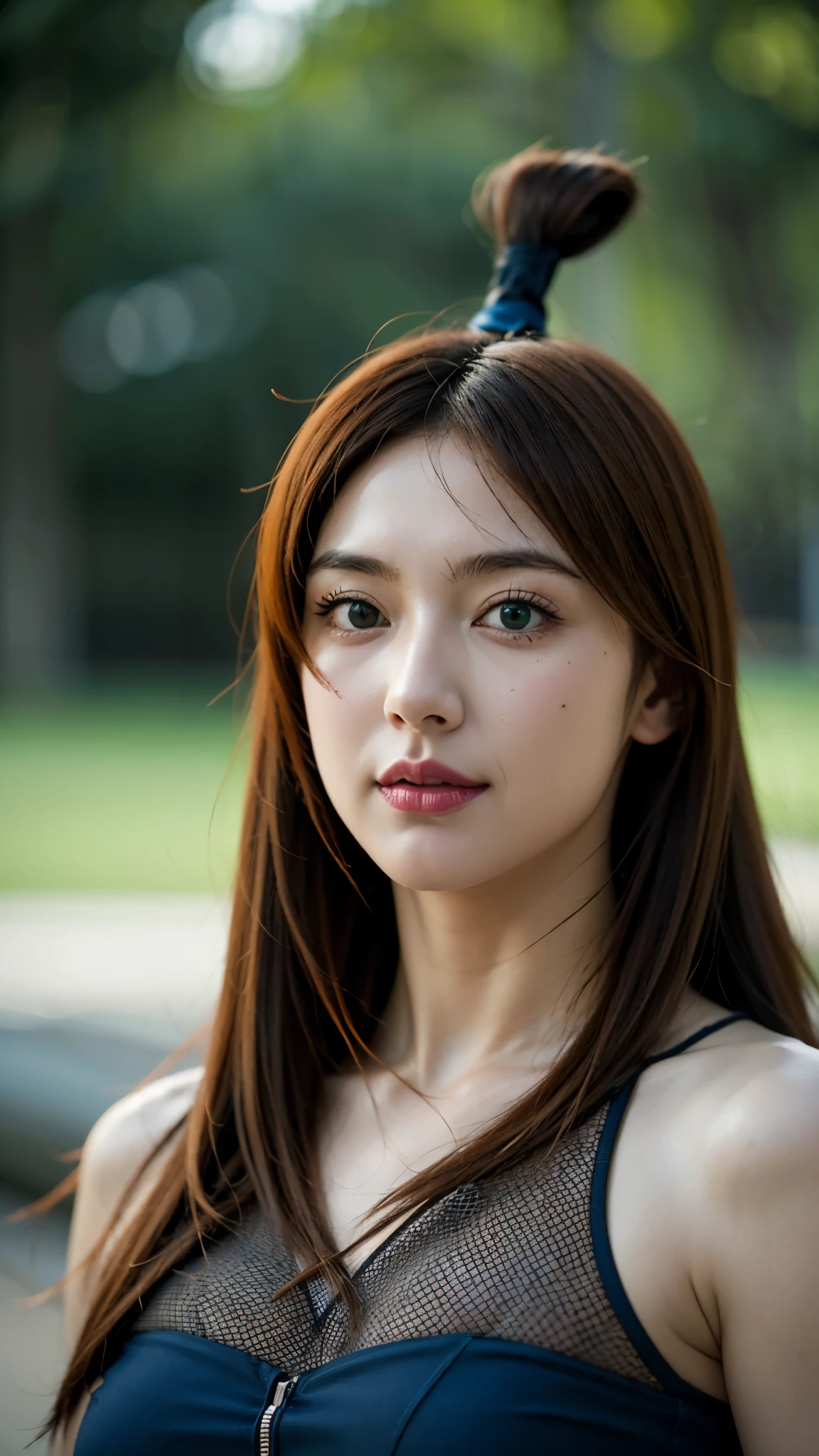 Half-body portrait of Mei Terumi from Naruto Shippuden, ultra-realistic and highly detailed, HD quality. She has long wavy auburn hair, green eyes, and wears her signature blue and turquoise outfit with mesh armor underneath. Her expression is confident and elegant, with a soft smile. The lighting is cinematic and natural, emphasizing realistic skin texture, detailed fabric, and lifelike depth of field. Background softly blurred for focus on her face