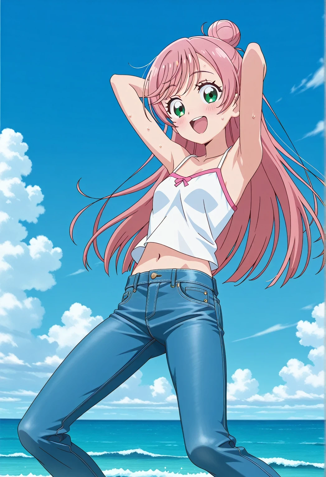 score_9, score_8_up, score_7_up, source_anime, highres, hi res, ((best quality, top quality, perfect quality, Highest Quality, amazing quality)), {{masterpiece}}, {{an extremely delicate and beautiful}}, 2d, intricate details, official style, anime, 8k, anime style, official_anime, official art, digital painting, cell shading, soft shading, high resolution, soothing tones, Subdued Color, Soft cinematic light, adobe lightroom, photolab, HDR, intricately and hyper-detailed, ((high quality animation)), 1 girl, Alone, solo, ((ocean)), tsunami, on the water, day, sunny, outdoors, sky, windy, nijigaoka mashiro, Hirogaru Sky! Precure, green eyes, long hair, pink hair, hair bun, anime screencap, small breasts, white camisole top, crop top, white crop top, best quality, hyper-detailed jeans, ((blue jeans:1.9)), (dark blue jeans:0.6), full medium body, medium shot, Open mouth, smiling, happy face, blush, sweat, standing, ((arms behind head:6.0)), ((perfect arm line:2.5)), bowlegged, jumping pose, action, looking at viewer, spread legs, Bend knees slightly, straight-on front view