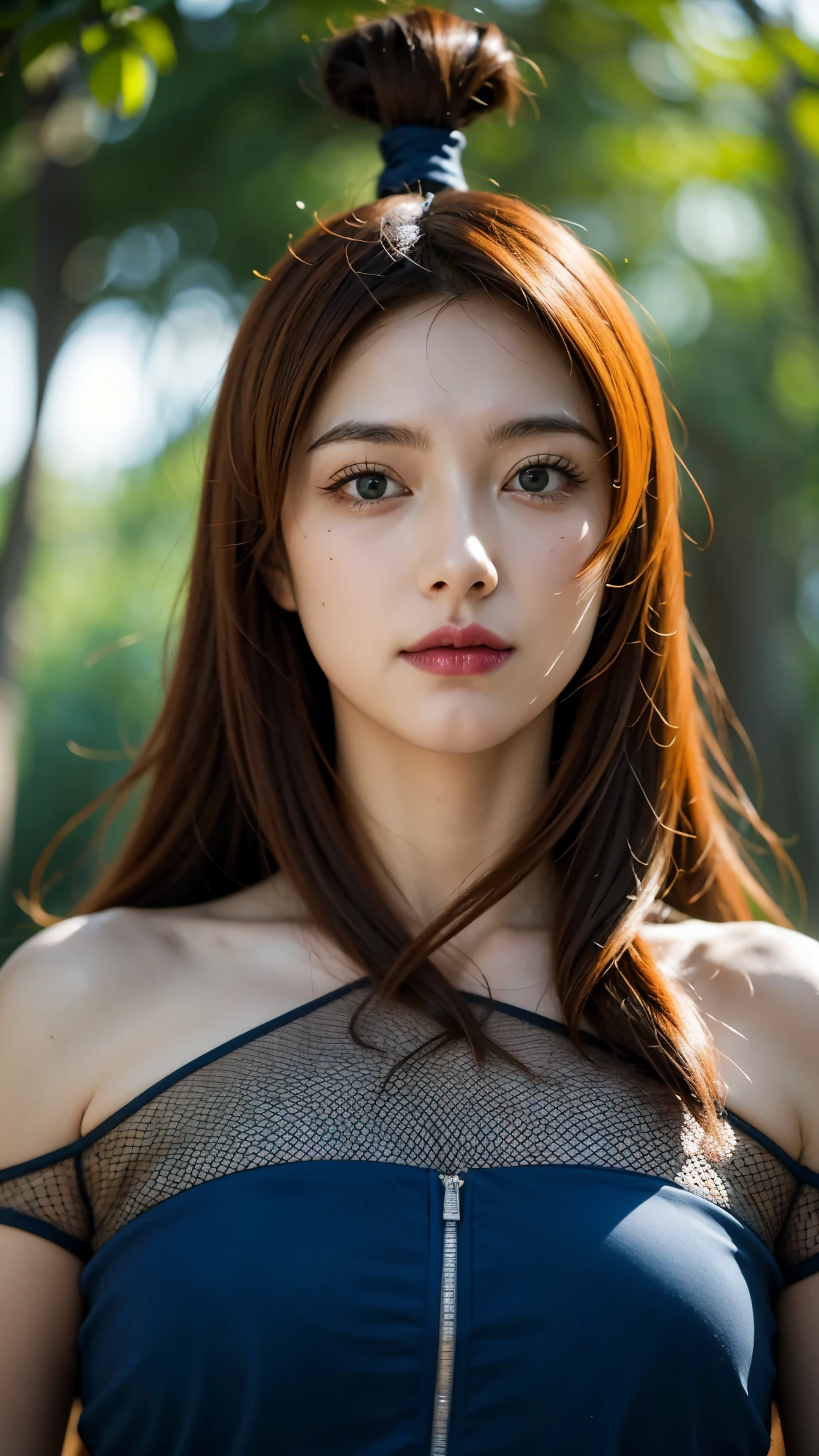 Half-body portrait of Mei Terumi from Naruto Shippuden, ultra-realistic and highly detailed, HD quality. She has long wavy auburn hair, green eyes, and wears her signature blue and turquoise outfit with mesh armor underneath. Her expression is confident and elegant, with a soft smile. The lighting is cinematic and natural, emphasizing realistic skin texture, detailed fabric, and lifelike depth of field. Background softly blurred for focus on her face