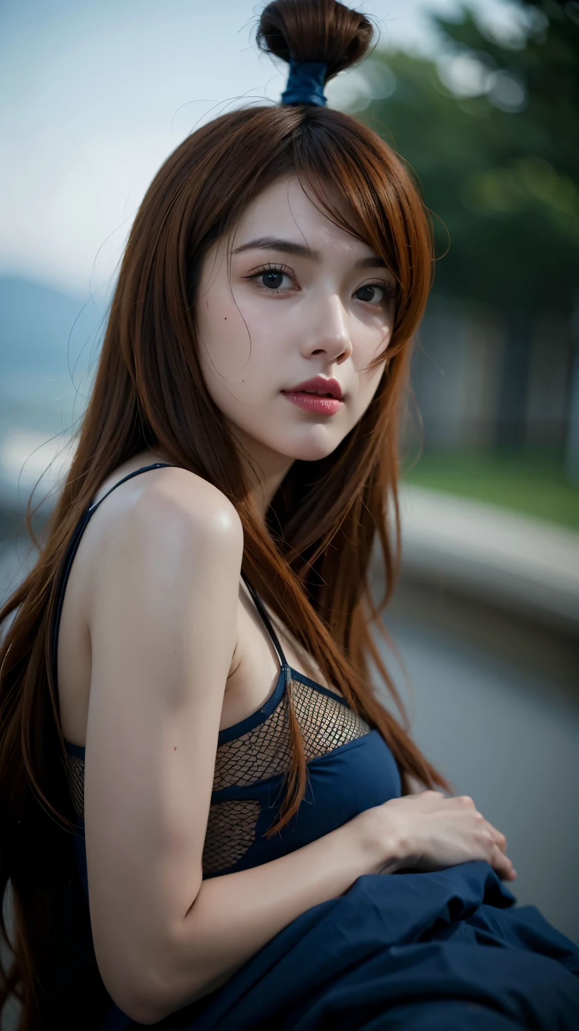 Half-body portrait of Mei Terumi from Naruto Shippuden, ultra-realistic and highly detailed, HD quality. She has long wavy auburn hair, green eyes, and wears her signature blue and turquoise outfit with mesh armor underneath. Her expression is confident and elegant, with a soft smile. The lighting is cinematic and natural, emphasizing realistic skin texture, detailed fabric, and lifelike depth of field. Background softly blurred for focus on her face