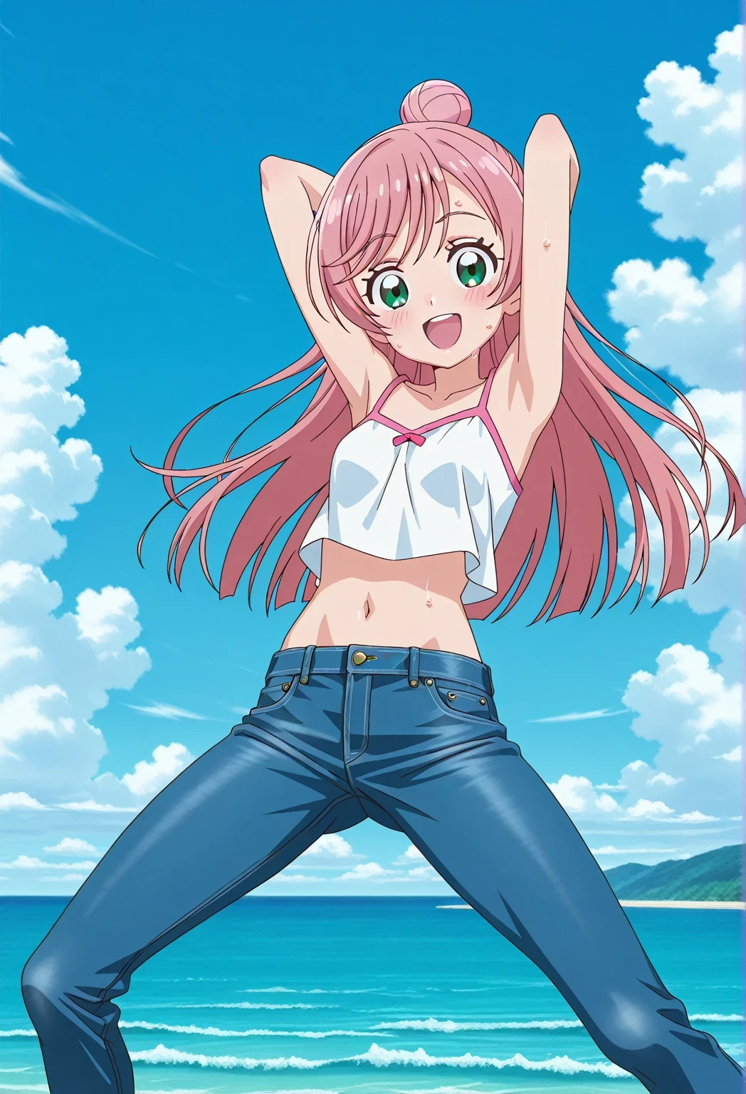 score_9, score_8_up, score_7_up, source_anime, highres, hi res, ((best quality, top quality, perfect quality, Highest Quality, amazing quality)), {{masterpiece}}, {{an extremely delicate and beautiful}}, 2d, intricate details, official style, anime, 8k, anime style, official_anime, official art, digital painting, cell shading, soft shading, high resolution, soothing tones, Subdued Color, Soft cinematic light, adobe lightroom, photolab, HDR, intricately and hyper-detailed, ((high quality animation)), 1 girl, Alone, solo, ((ocean)), tsunami, on the water, day, sunny, outdoors, sky, windy, nijigaoka mashiro, Hirogaru Sky! Precure, green eyes, long hair, pink hair, hair bun, anime screencap, small breasts, white camisole top, crop top, white crop top, best quality, hyper-detailed jeans, ((blue jeans:1.9)), (dark blue jeans:0.6), full medium body, medium shot, Open mouth, smiling, happy face, blush, sweat, standing, ((arms behind head:6.0)), ((perfect arm line:2.5)), bowlegged, jumping pose, action, looking at viewer, spread legs, Bend knees slightly, straight-on front view