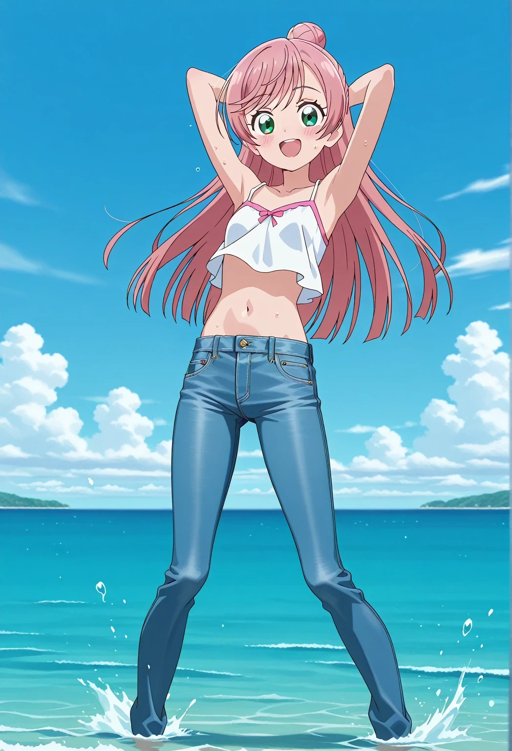 score_9, score_8_up, score_7_up, source_anime, highres, hi res, ((best quality, top quality, perfect quality, Highest Quality, amazing quality)), {{masterpiece}}, {{an extremely delicate and beautiful}}, 2d, intricate details, official style, anime, 8k, anime style, official_anime, official art, digital painting, cell shading, soft shading, high resolution, soothing tones, Subdued Color, Soft cinematic light, adobe lightroom, photolab, HDR, intricately and hyper-detailed, ((high quality animation)), 1 girl, Alone, solo, ((ocean)), tsunami, on the water, day, sunny, outdoors, sky, windy, nijigaoka mashiro, Hirogaru Sky! Precure, green eyes, long hair, pink hair, hair bun, anime screencap, small breasts, white camisole top, crop top, white crop top, best quality, hyper-detailed jeans, ((blue jeans:1.9)), (dark blue jeans:0.6), full medium body, medium shot, Open mouth, smiling, happy face, blush, sweat, standing, ((arms behind head:6.0)), ((perfect arm line:2.5)), bowlegged, landing pose, action, looking at viewer, spread legs, Bend knees slightly, straight-on front view