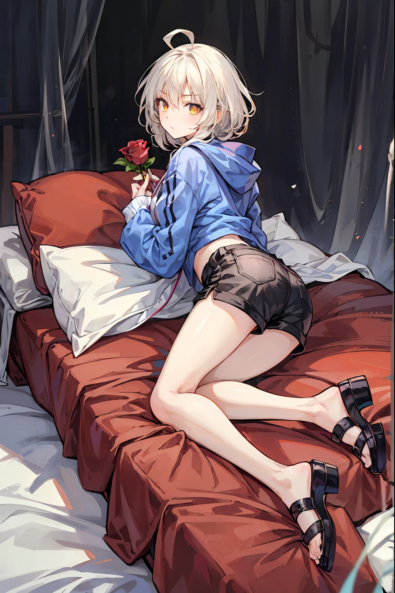 Forbidden Laboratory,dark,Faceless Doctors,Normal Girls Lying in Bed,only her eyes glow red,High Fine,Realistic,high contrast,Vivid Colors,Professional,horror,Nervous,Photo shoot,Digital Art ，1 person, Mid Shot, best detailed girl putting out roses, Looking Back, perfect body, Woman, 20 years old,  Long Messy White Hair , inverted hair, Shining Platinum Blonde Hair, Floating Hair, giant Ahoge, of, v-shaped eyebrows, Golden Eyes, Medium chest, bright skin, Oversized Clothes, hoodie, shorts, sandals, Black clothes , masterpiece, best masterpiece,