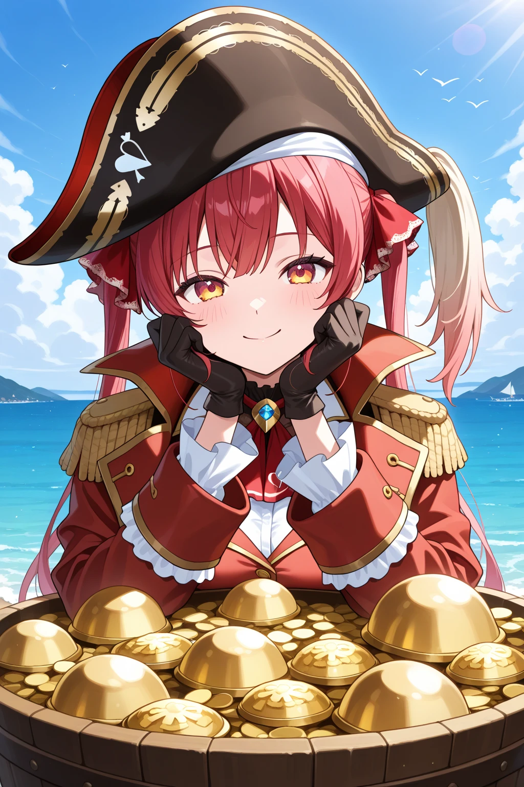 score_9, score_8_up, score_7_up, BREAK, 1girl, solo, , lupusregina beta, dark skin, twin braids, hat, frills, black dress, short sleeves, bridal gauntlets, white thighhighs, garter straps, choker,  high quality, solo, 1girl, night sky, beach, arms behind head, (contrapposto), closed mouth, spread armpits, (cowboy shot:1.5), looking at viewer, smile, best quality,