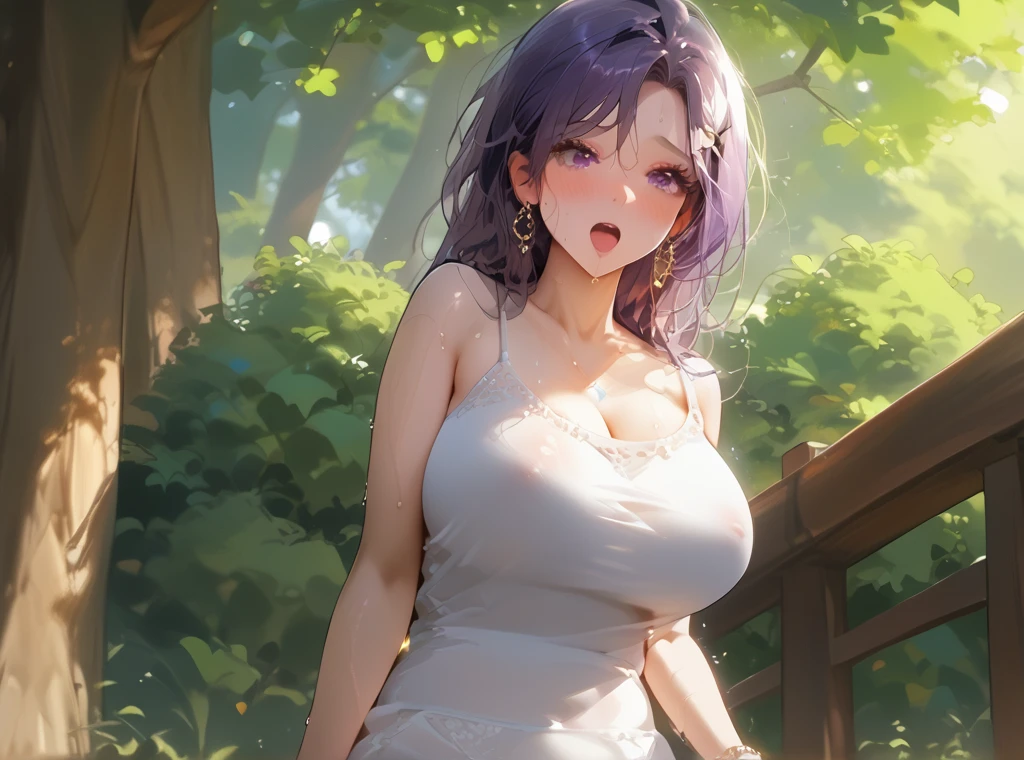 score_9, score_8_up, score_7_up, score_6_up, source_anime, <lora:FMT 0.2v:1>, FMT,  
1girl, solo, long hair, mature female, dress, floral print, white dress, ahoge, sleeveless dress, looking at viewer, sleeveless, cleavage, parted lips, brown eyes, purple hair, sunlight, outdoors, bangs, bare shoulders, medium hair, blush, stairs, bare arms, cowboy shot, large breasts, alley, standing, sundress, from side, wide shot, zooming out, against wall, leaning back, plants, alley, motherly,