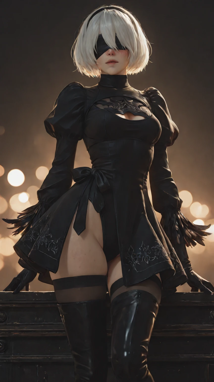 masterpiece, vibrant colours, HD32K, highly detailed, 2B (Nier Automata), classic outfit, sword, dynamic pose, dark background, DSLR,realistic,cosplay photo, (very awa,masterpiece,best quality,year 2024,newest,absurdres,highres:1), realistic,skin texture,facial features, photography shot with Canon EOS 5D Mark IV , realistic, RAW, best quality, masterpiece, amazing quality, skin details, masterpiece,cinematic film still, sharp focus,intricate details,highly detailed, Hyperrealistic art,. shallow depth of field,vignette,highly detailed,high budget,bokeh,cinemascope,moody,epic,gorgeous,film grain,grainy,. shallow depth of field,vignette,highly detailed,high budget,bokeh,cinemascope,moody,epic,gorgeous,film grain,grainy,